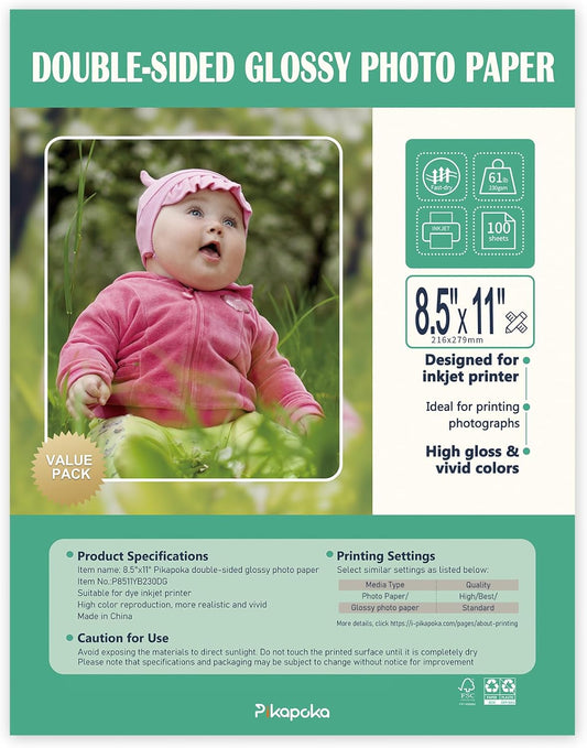 Double Sided Glossy Photo Paper for Inkjet Printer 8.5x11, Thick Glossy Paper for Cardstock 61lb, 100 Sheets