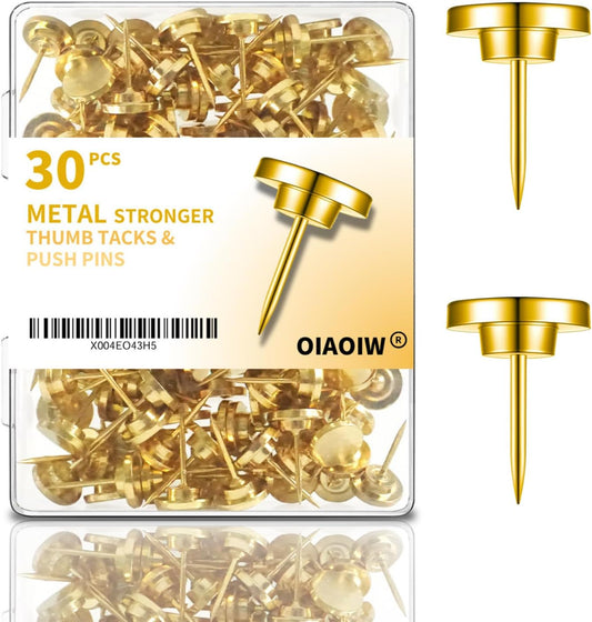 30 PCS Metal Gold Push Pins for Wall Clear Thumb Tacks for Walls Flat thumbtacks Push pin for Bulletin Board Shadow Box Display Thumbtack for Cork Board (Gold)