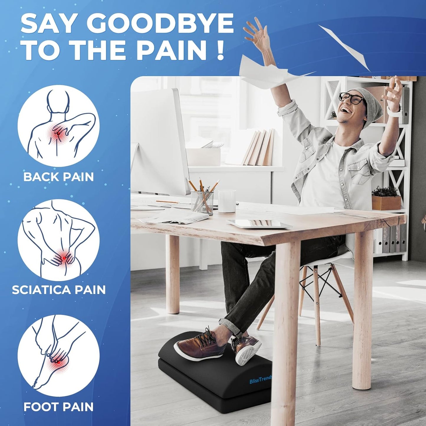 BlissTrends Foot Rest for Under Desk at Work-Versatile Foot Stool with Washable Cover-Comfortable Footrest with 2 Adjustable Heights for Car,Home and Office to Relieve Back,Lumbar,Knee Pain-Black Long