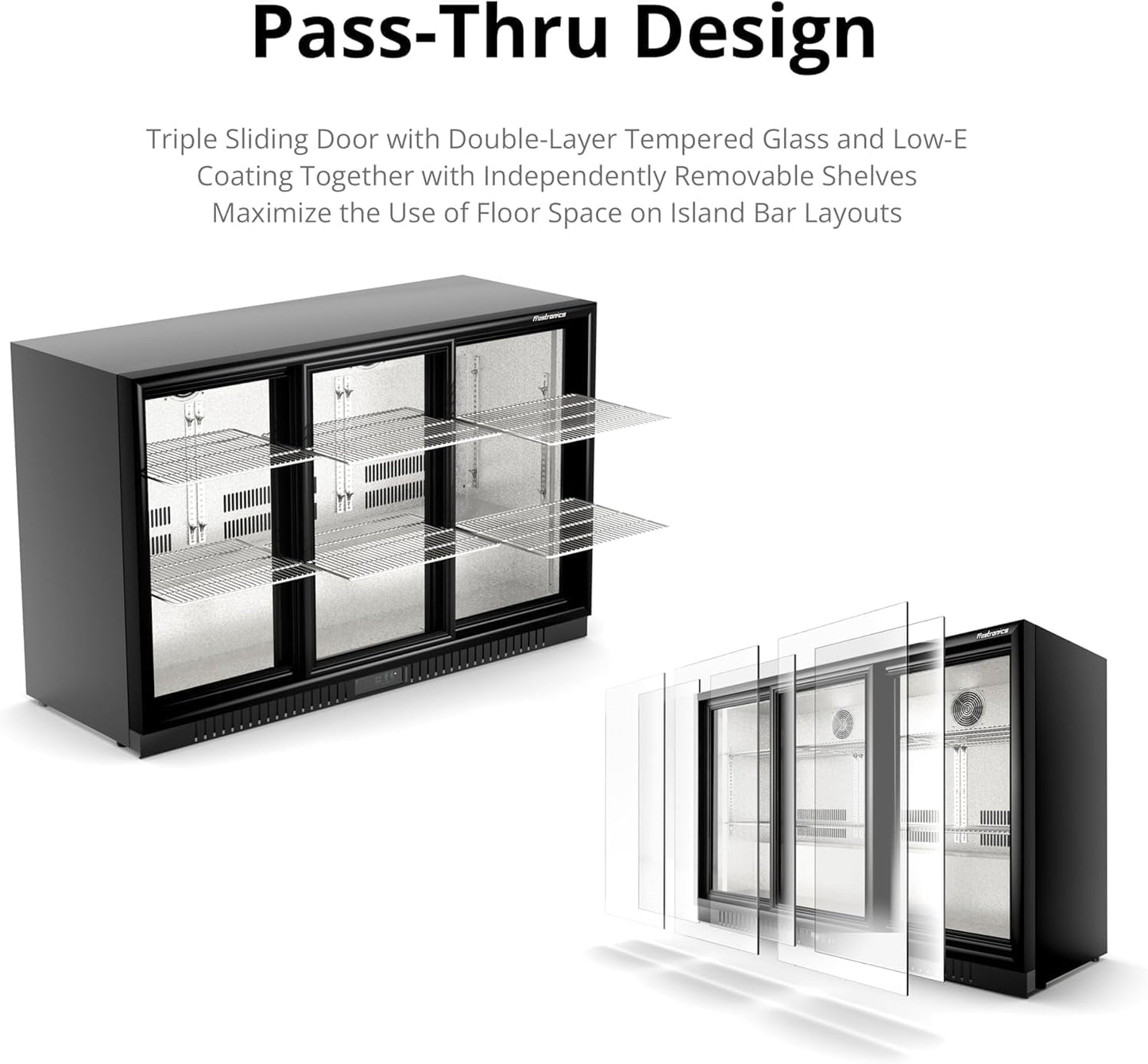 54 in. 335 cans Triple Sliding Door Back Bar Beverage Cooler, 10.8 cu. ft. Under Counter Glass Door Bar Fridge, lockable, 32-50°F Display Refrigerator, ETL & NSF7 Certified