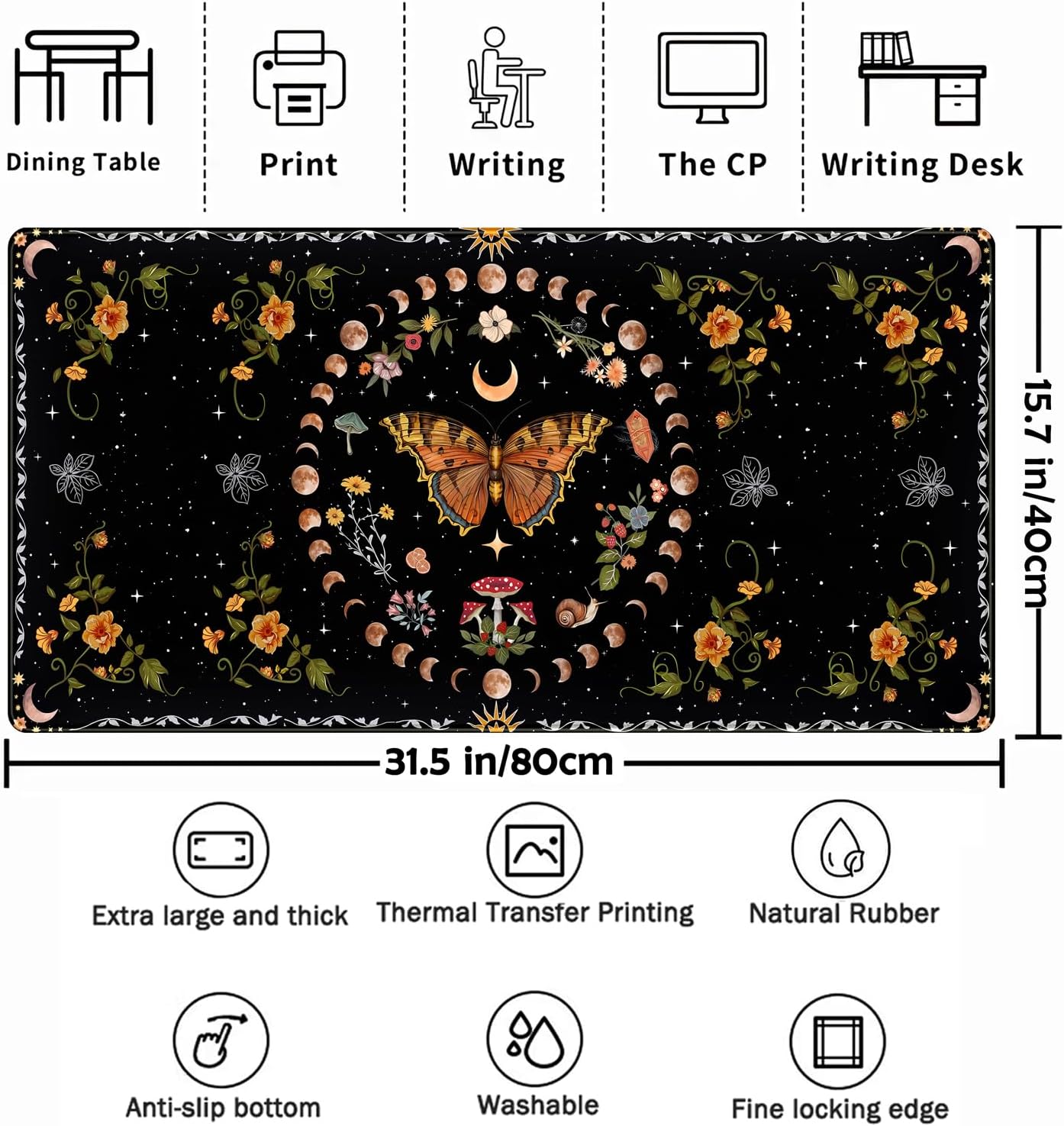 Moth Desk Pad Mushroom Phase Moon Phase Desk Mat, Boho Flowers and Leaves Computer Big Mouse Pad Washable Cloth Non-Slip Rubber Base Keyboard Pad Mouse Mat for Office with Stitched Eges 31.5x15.7 in