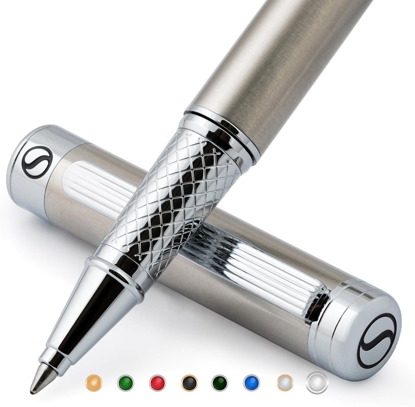 Scriveiner Stainless Steel Rollerball Pen - Stunning Luxury Metal Pen with Silver Chrome Finish, Schmidt Ink Refill, Best Roller Ball Pen Gift Set for Men & Women