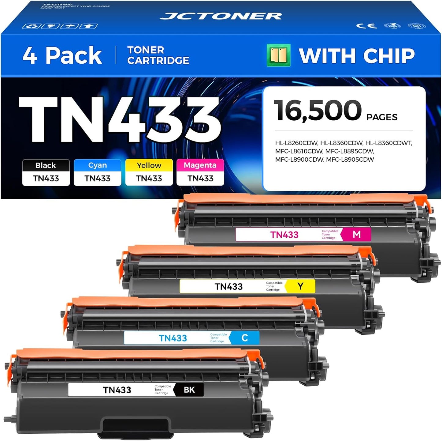 TN433 Toner Cartridge Set 4-Pack Replacement Compatible for Brother TN-433 TN431 TN436 MFC-L8900CDW MFC-L8690CDW HL-L8360CDW HL-L8260CDW MFC-L8610CDW MFC-L8905CDW MFC-L9570CDW HL-L8360CDWT Printer Ink