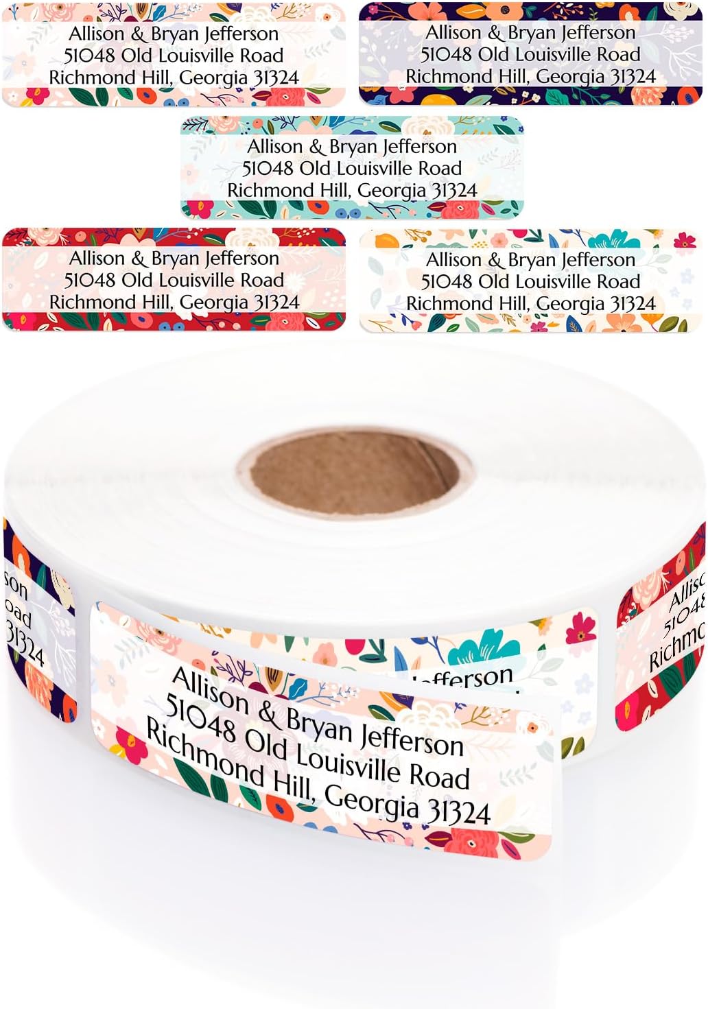 Multicolored Floral Print Rolled Address Labels / 500 Personalized Return Address Labels/Designer Address Stickers in Elegant Plastic Dispenser