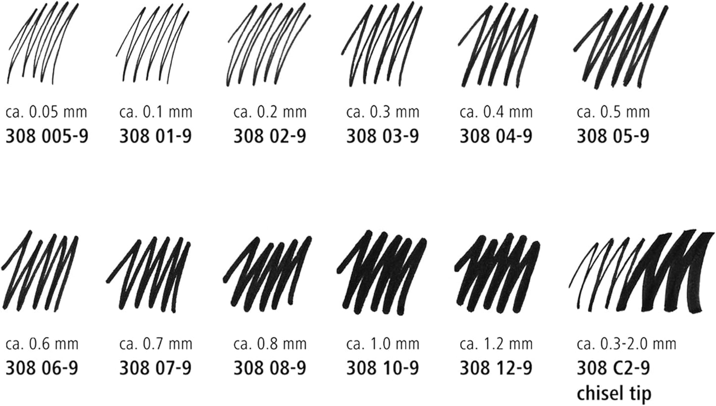 STAEDTLER Pigment Liner Pack, Black, 6 Pens, Assorted Line Widths, 0.05mm, 0.1mm, 0.2mm, 0.3mm, 0.5mm, 0.8mm