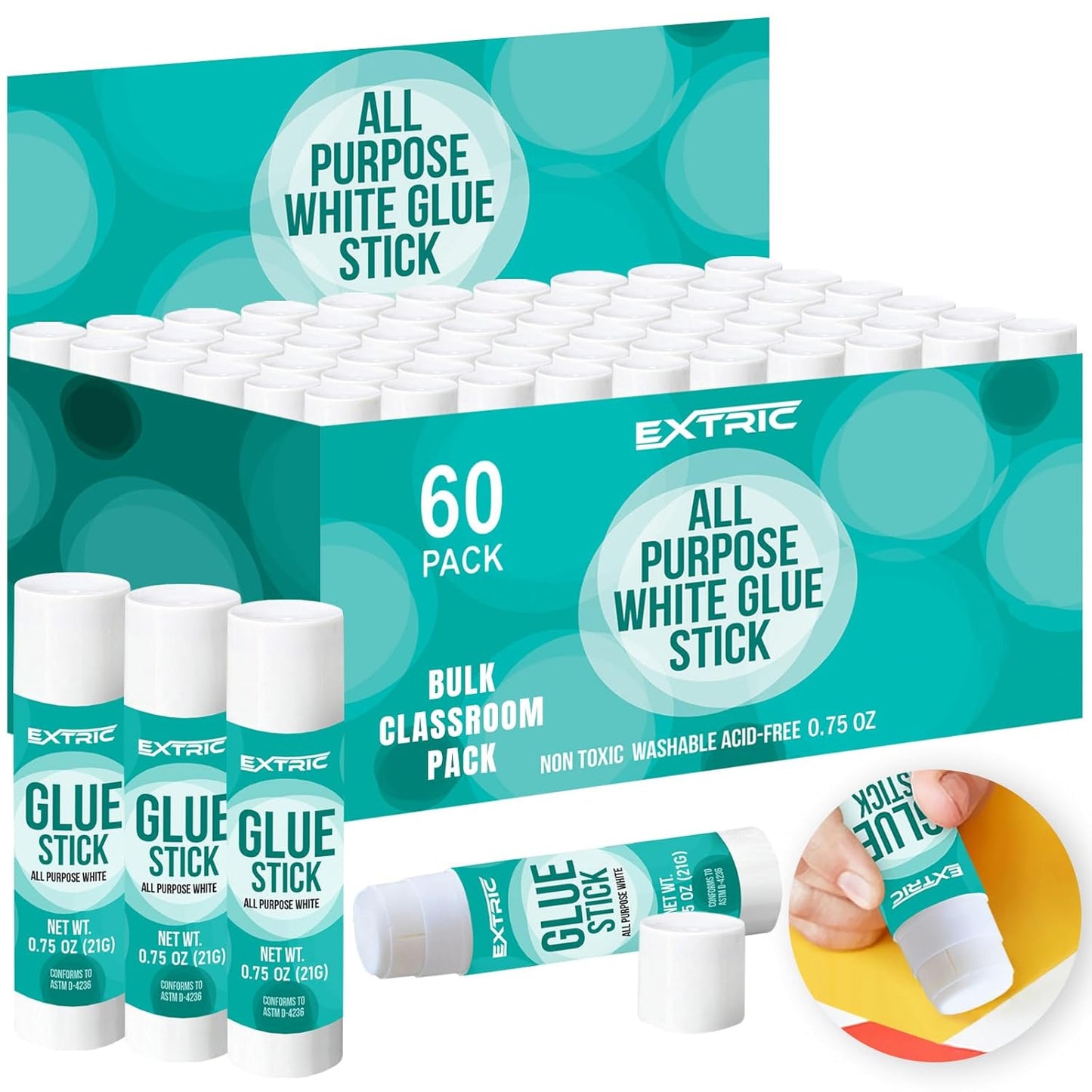 Glue Sticks Bulk Classroom, White Glue Sticks for Kids 60 Count, 0.75 Ounce, Washable All Purpose, for Kids, School and Home