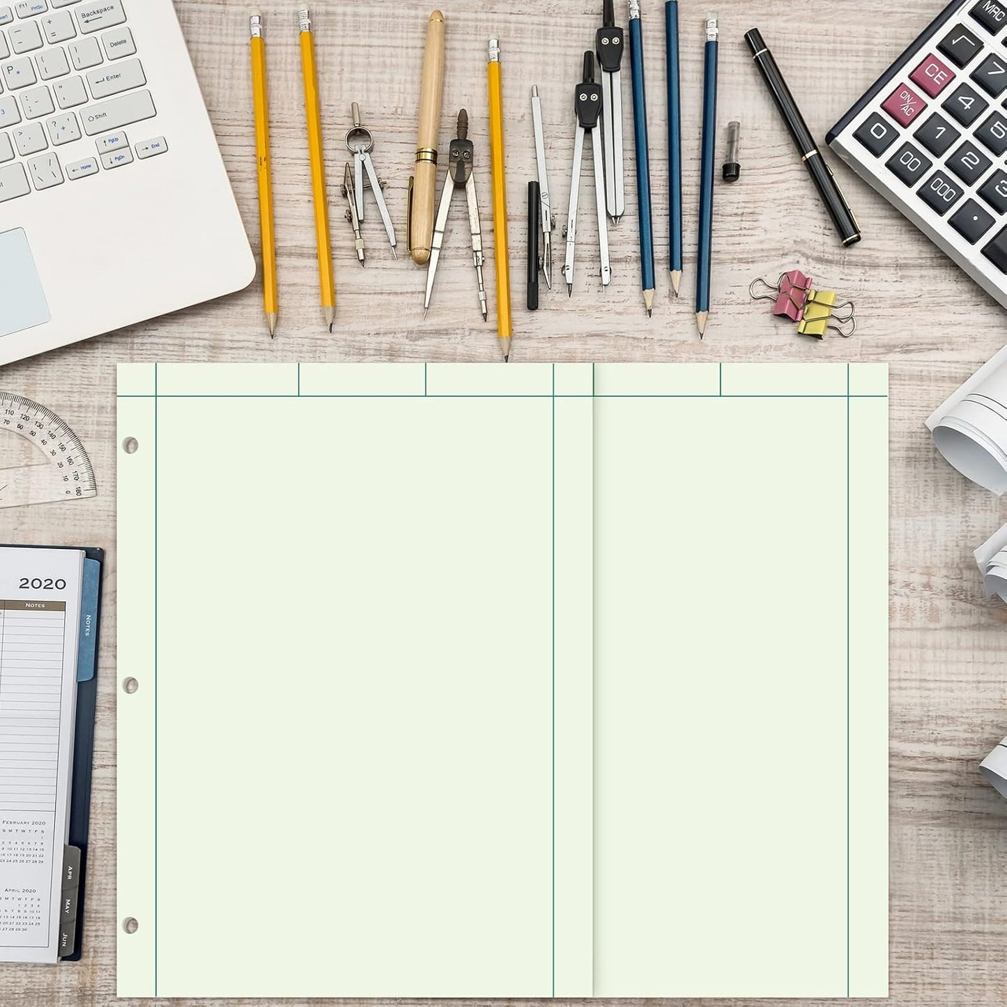Seajan 2 Pcs Engineering Paper Notebook Engineering Computation Pad 8.5 x 11 Inches Engineer Graph Paper Notepad, 5 Squares Per Inch 3 Hole Punched Computation Pad, 100 Sheets/pack (Green)