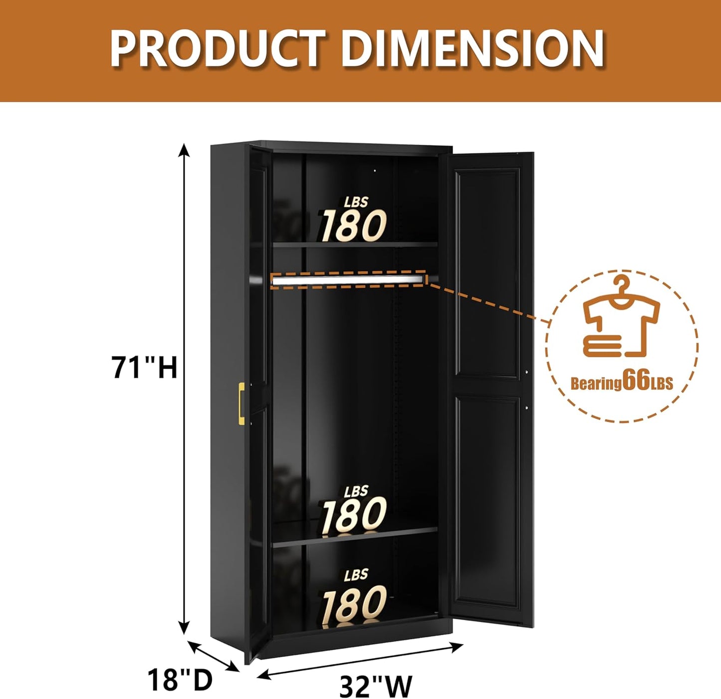 Metal Armoire Wardrobe Closet with Hanging Rod, 71" Tall Wardrobe Cabinet for Clothes, Black Clothing Storage Cabinet with Doors and Shelves, Large Wardrobes for Bedroom-Assemble Required