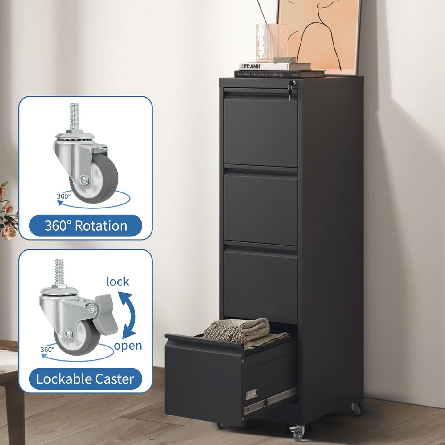 4 Drawer Mobile File Cabinet, Metal Filing Cabinet with Lock and Wheels, Home Office Rolling File Cabinets for Legal/Letter Hanging File Folders, Un-Assembled (Black)