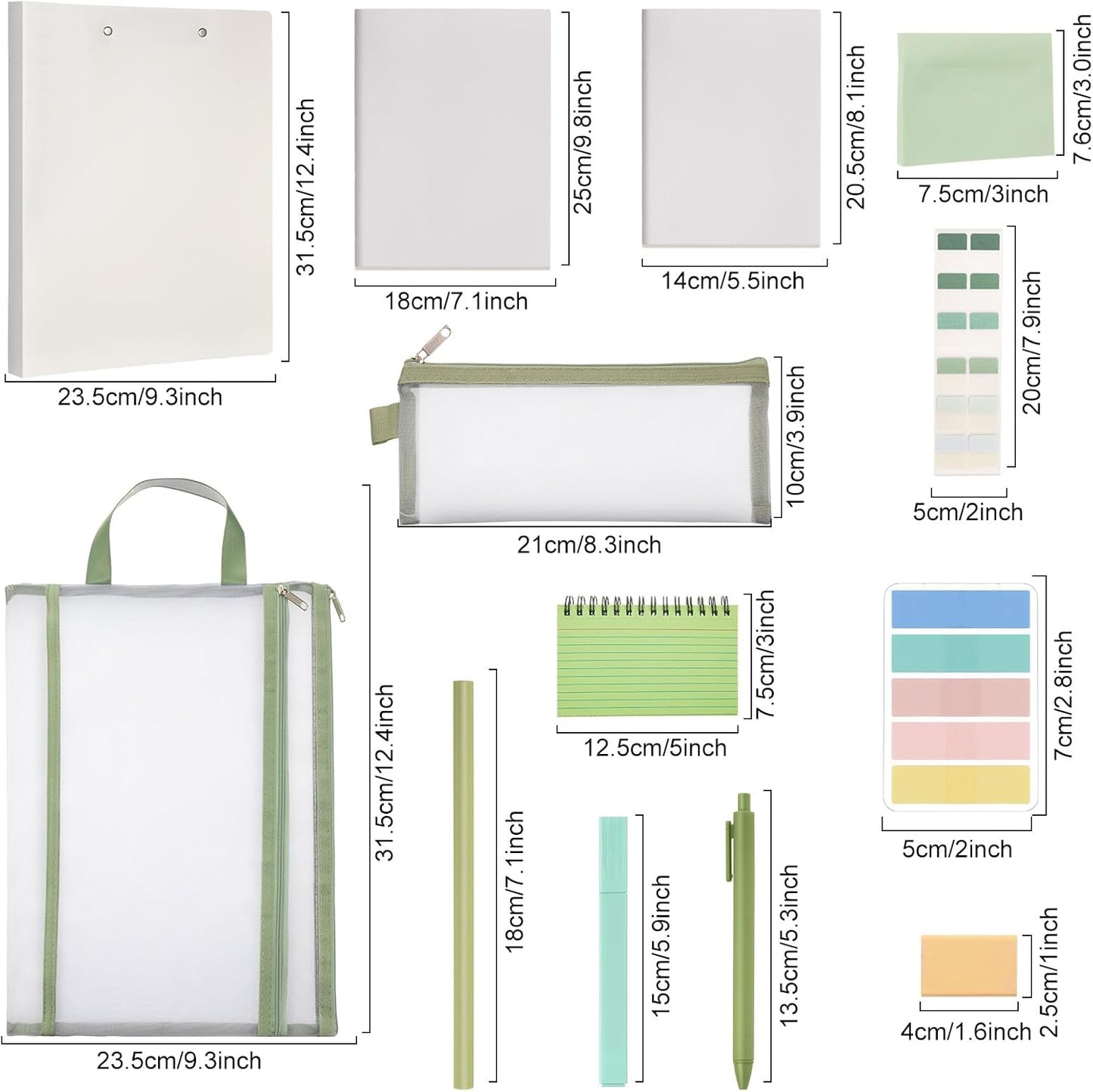 Colarr 54 Pieces Aesthetic School Supplies Including Pastel Highlighters Document Bags Pencils Notebooks Pencil Pouch Ink Pens Sticky Notes Erasers Back to School Gift Stationary Kit(Green)