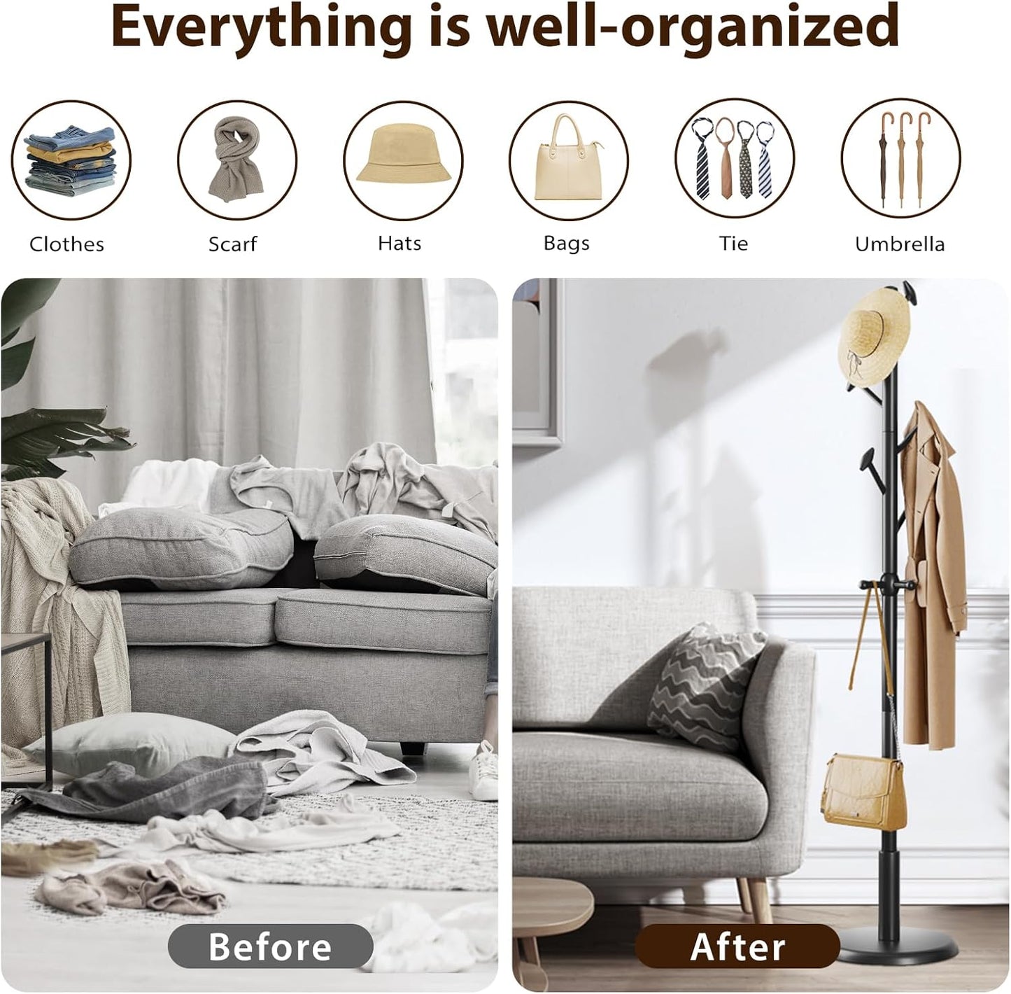 Solid Wood Coat Rack Freestanding Coat Tree with 10 Hooks for Bedroom, Livingroom, Entryway, Sturdy Coat Hanger Stand for Hats, Coats, Scarves, Handbags, Purses