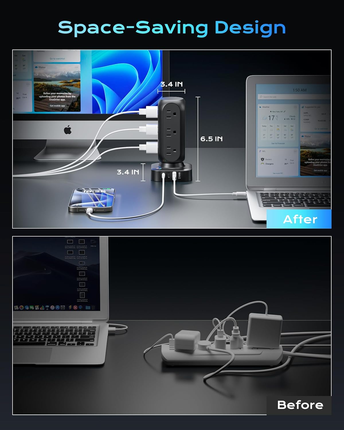 Dual PD 20W Power Strip Tower, TenTrend Surge Protector Power Strip with 12 AC Outlets & 8 USB Ports (4 USB C), 40W Desk Fast Charging Station, 10FT Flat Plug Extension Cord for Desk Office Dorm Room