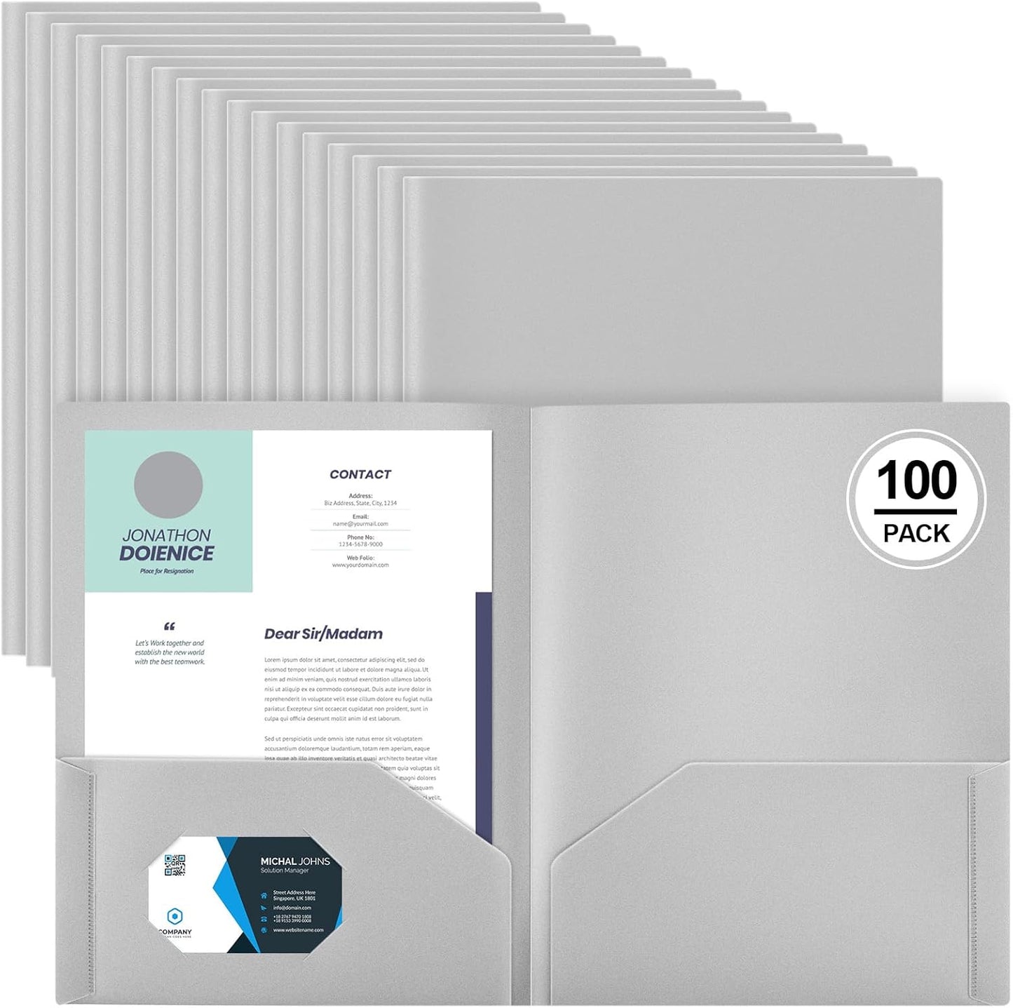 Gueevin 100 Pcs Two Pocket Folders Bulk Plastic File Folder with 2 Pockets Letter Size Paper Heavy Duty Durable Portfolios Case for Home Office School Business 11.61 x 9.45 Inch (Gray)