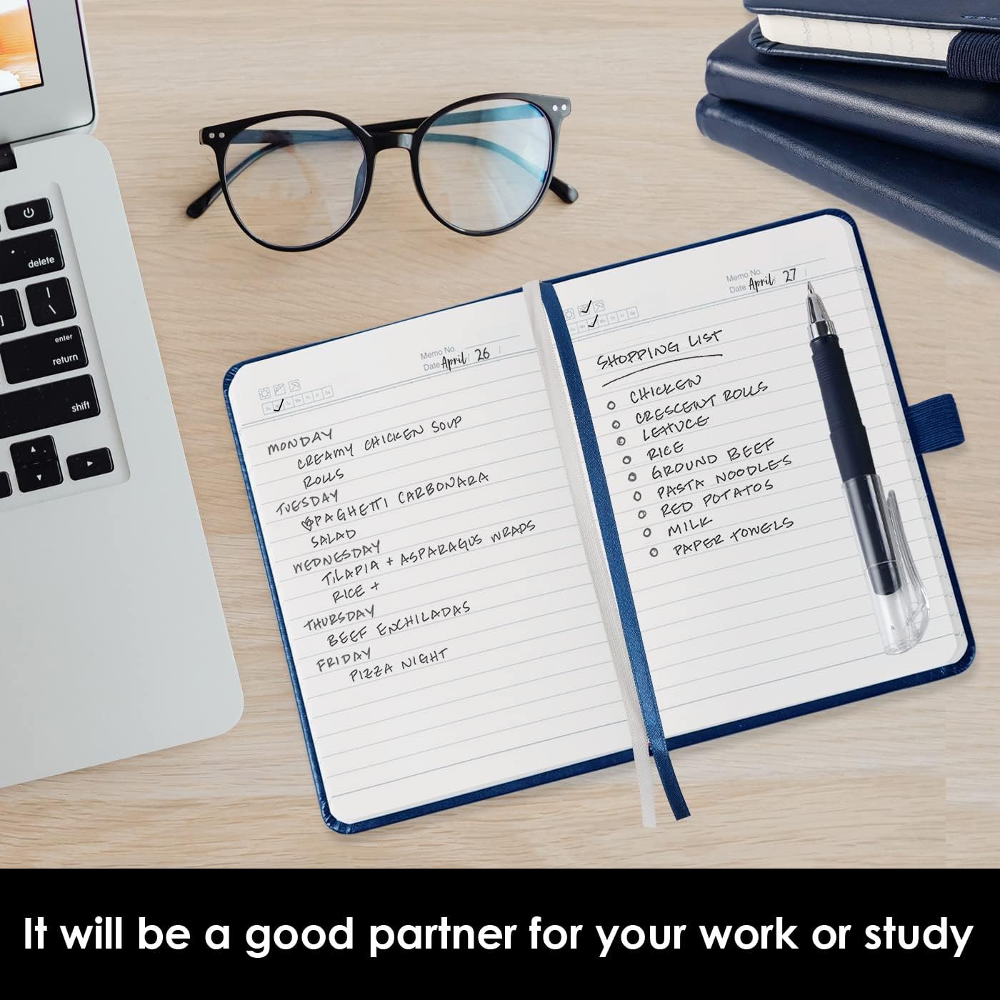 Pocket Notebook Journals, 3 Pack Mini Small Notebooks for Work, Leather Cover Notepad with 3 pens, Elastic Closure, Blue