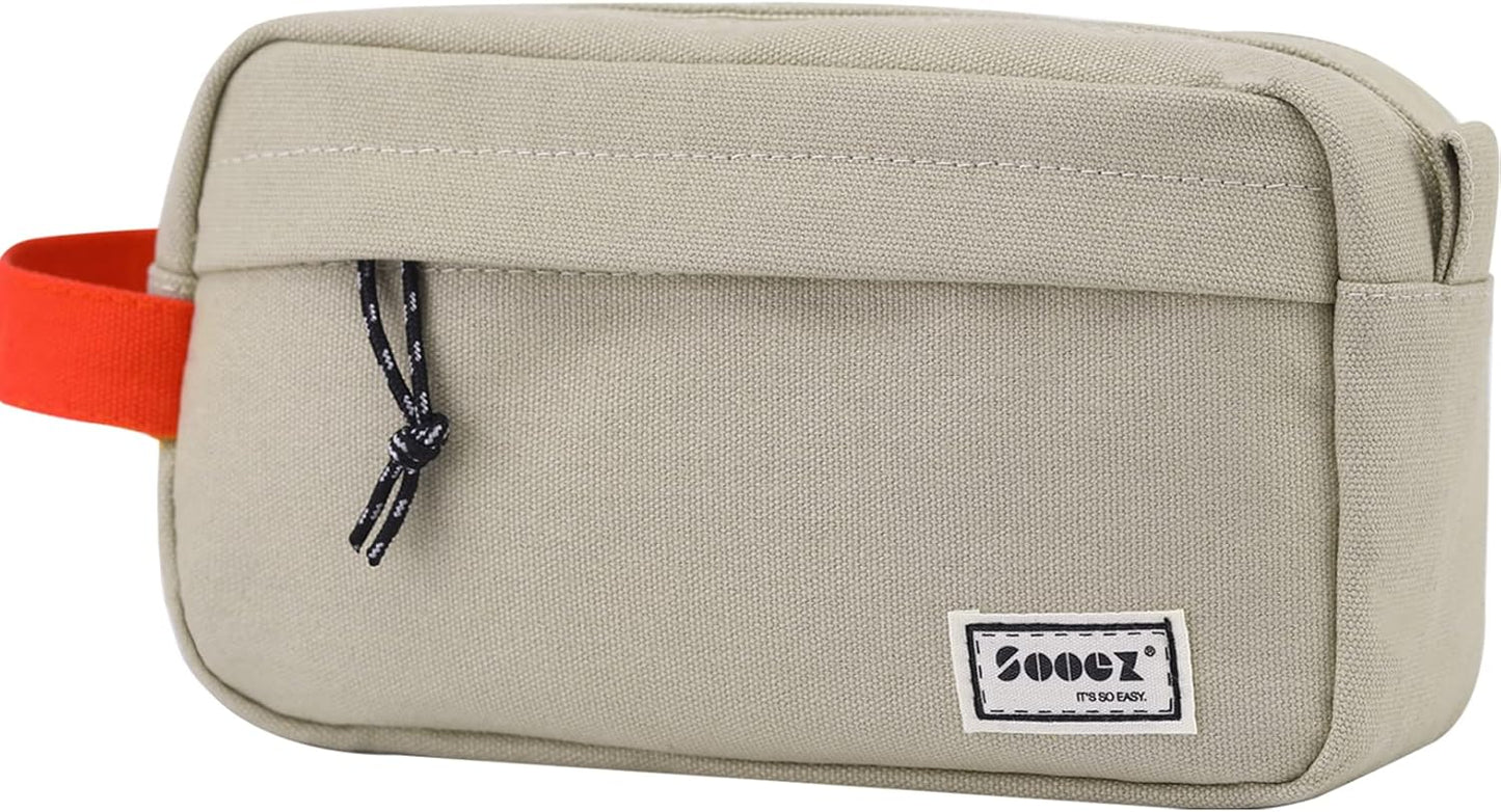 Sooez Big Capacity Pencil Case, Upgraded Canvas Pencil Pouch Large Pencil Bag Organizer, Separate Compartments Easy Grip Handle, Aesthetic Supply for School Teens Adults,Beige Pen Case