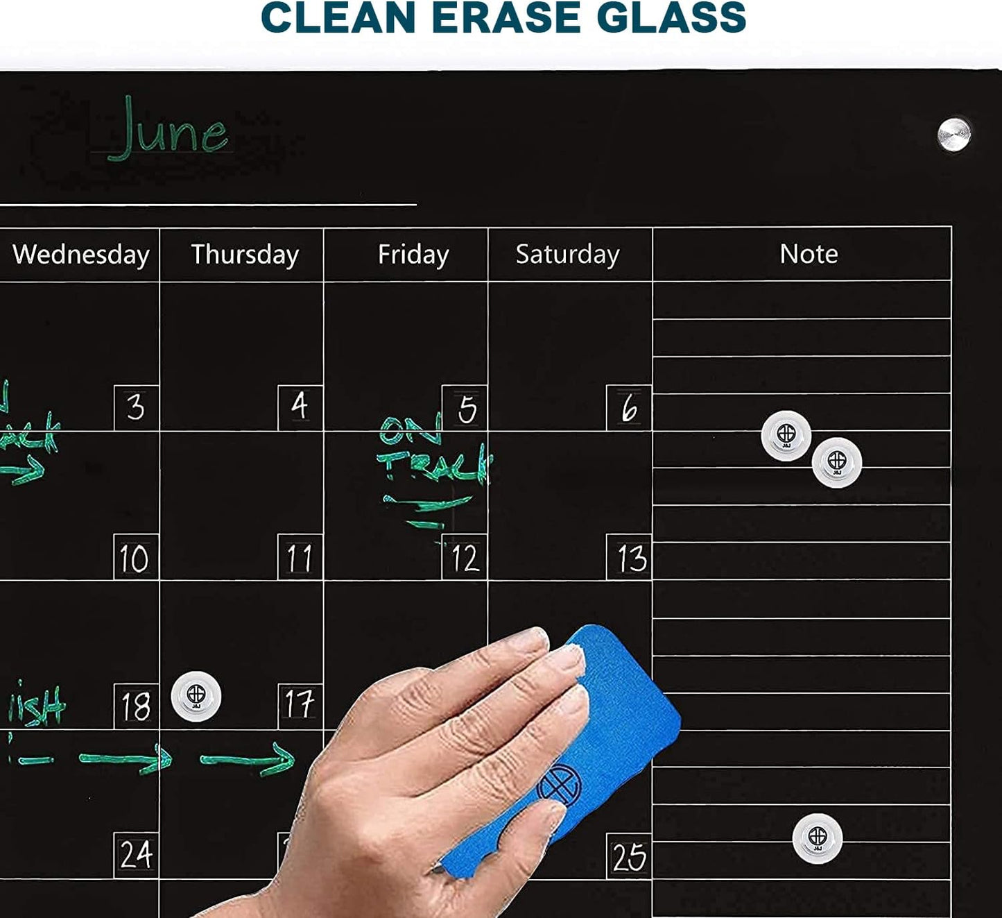 J&J worldwide Magnetic Whiteboard Calendar, 47 x 35 Black Glass Wall Calendar Dry Erase Board Monthly Planner for Home, School, Office, Frameless, with Markers, Marker Tray, Eraser, Magnets