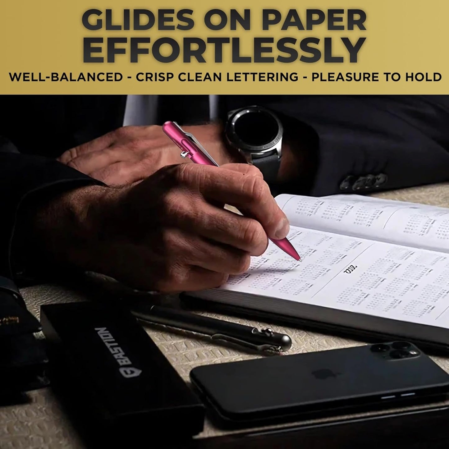 BASTION® Luxury Slim Bolt Action Pen, Lightweight Aluminum EDC Pen with Fine Tip, Professional Ballpoint Pen for School and Work - Pink