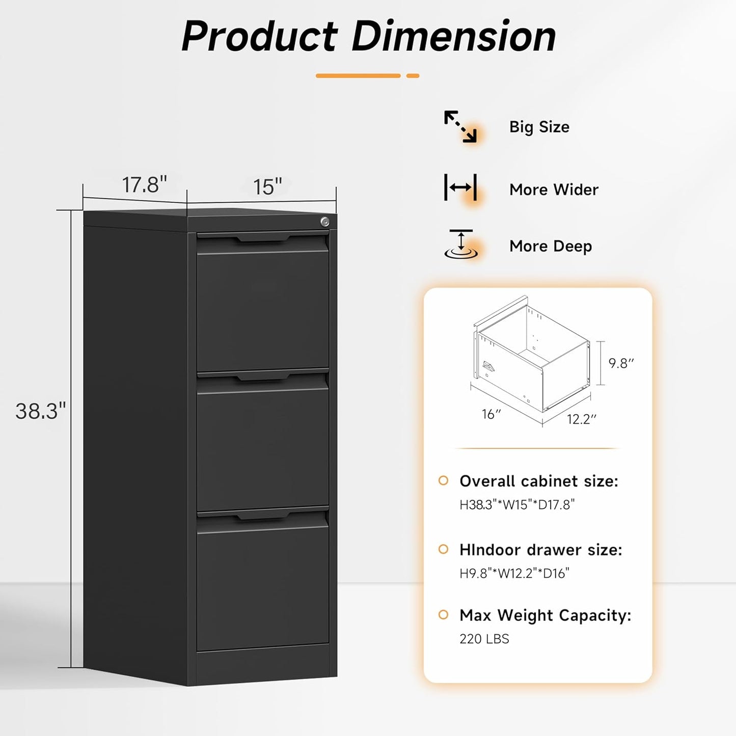 17.8" D File Cabinet, 3 Drawer Metal Filing Cabinets with Lock, Locking Vertical File Cabinet for Letter/Legal/A4/F4 Size, Easy Assemble (Black)