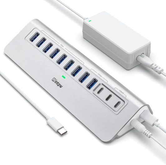 Powered USB Hub 10Gbps, intpw 12 Port USB C Hub with 10Gbps USB C 3.2, 2 USB A 3.2, 7 USB 3.0, 2 PD 45W Charging Ports, 65W Power Adapter and 3.3FT Cable, Aluminum USB Hub for Laptop, iPhone16/15, PC