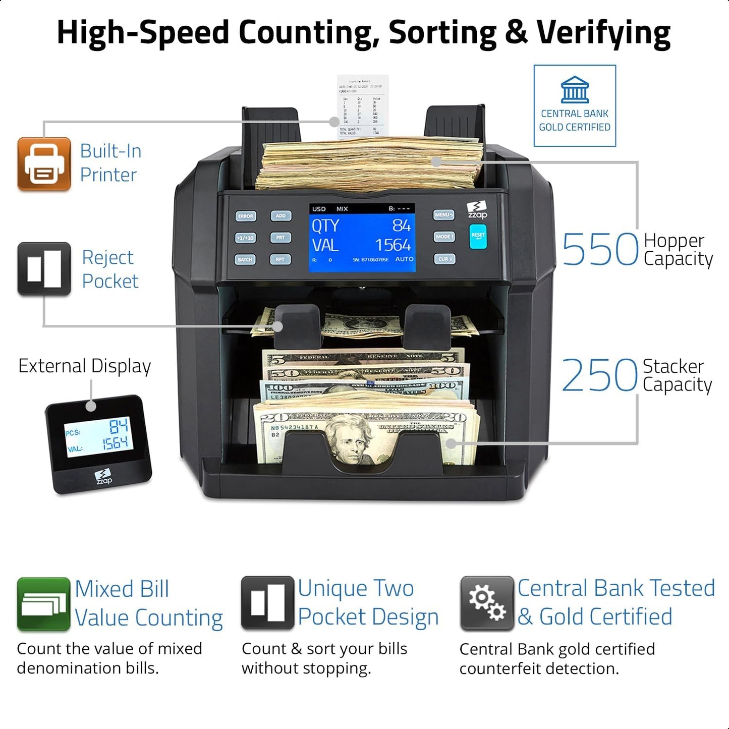ZZap NC70 Mixed Denomination Bill Counter/2 Pocket Sorter/Counterfeit Detector - Money Cash Value Currency Machine