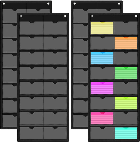 4 Pack 3'' x 5'' Index Card Holder Sleeve 16 Slot Plastic Organizer Hanging Wall Mount Business Note Cardholder PVC Clear Organizer Pocket for Classroom Office Library Home (Black)