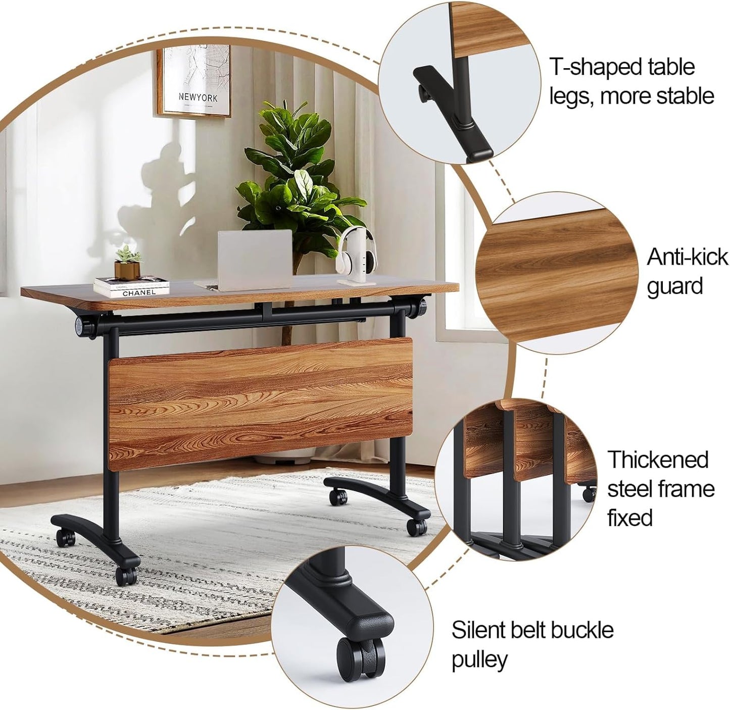 Conference Room Table with Flip-Top Design for Dynamic Meetings, Business Table Computer Desk with Heavy-Duty Frame,Foldable Seminar Meeting Tables for Home Office (4, C, 61IN)