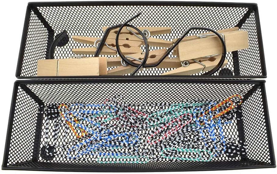 HAHIYO Stackable Mesh Tray Cup 9 x 3 x 2 inches Sturdy Container for Desk Drawer Organizer Collection for Home Office School kitchen Soft Foam Feet No Sharp Edges 2 Pack Black