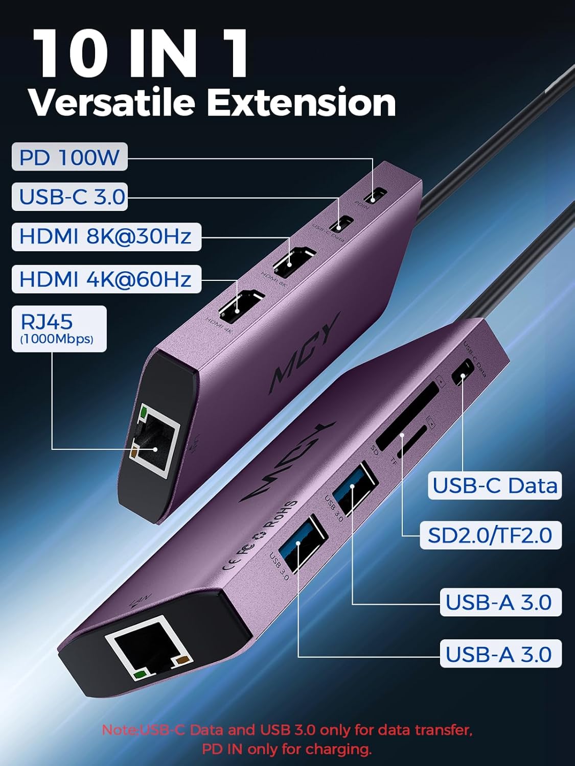 MCY USB C Hub,Laptop Docking Station Dual Monitor Single 8K,2x4K@60Hz,10 in 1 Type-C Multiport Adapter with 2 HDMI,PD100W,Extender Splitter,Card Reader,Ethernet Dock for Mac/Dell/HP/Surface/Steam Deck
