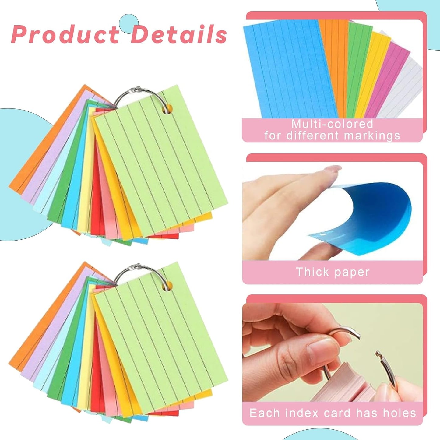 1000 Pcs Index Cards 2.91 x 2.01 Inch Color Flash Cards with Rings, Heavy Note Cards, Punched Ruled Index Cards for Studying, Office and Home, 10 Colors