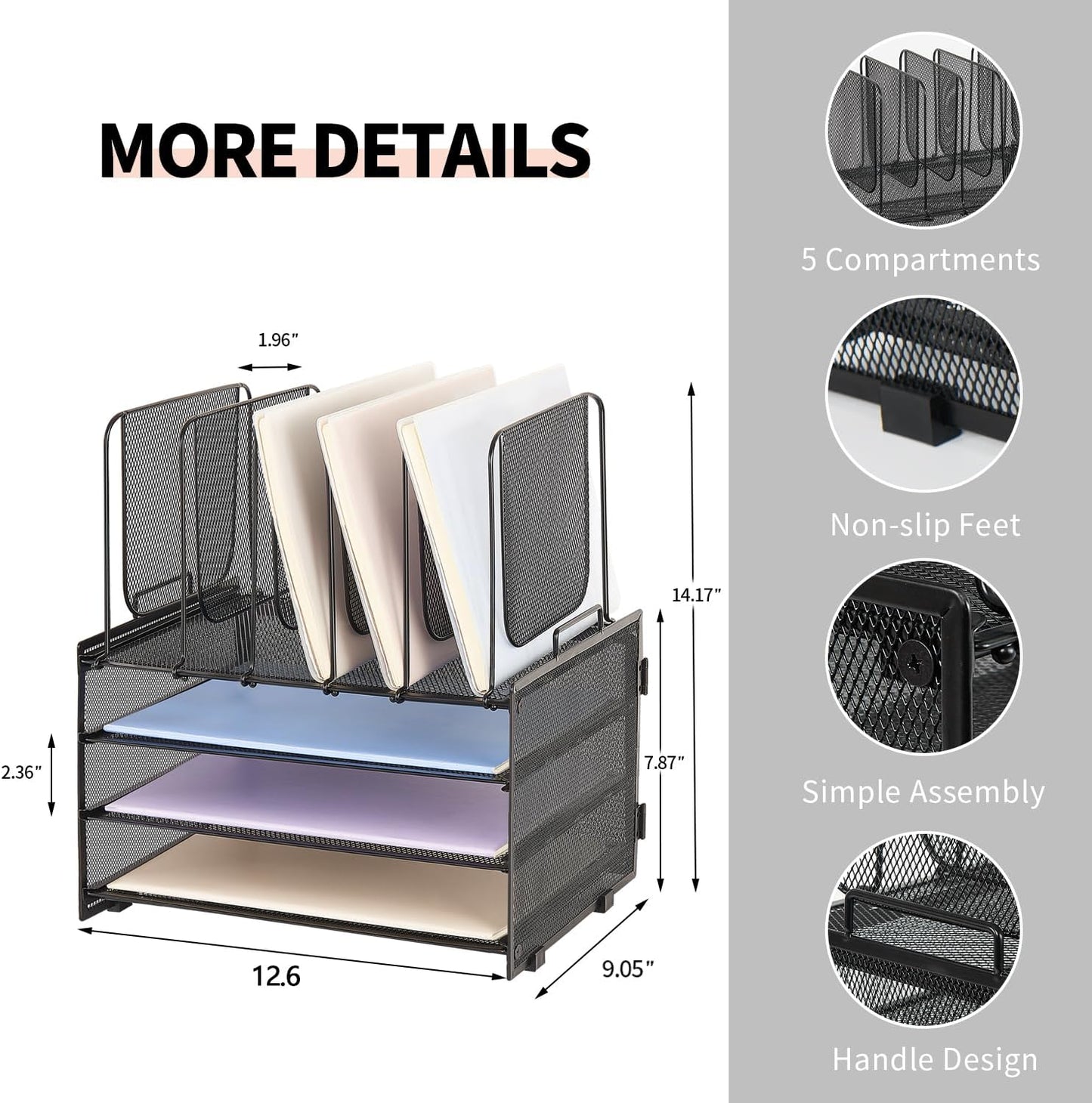 Desk Organizers and Accessories, 3-Tier Paper Organizer with 5 Vertical File Holders, File Folder Organizer (Black, 3T)