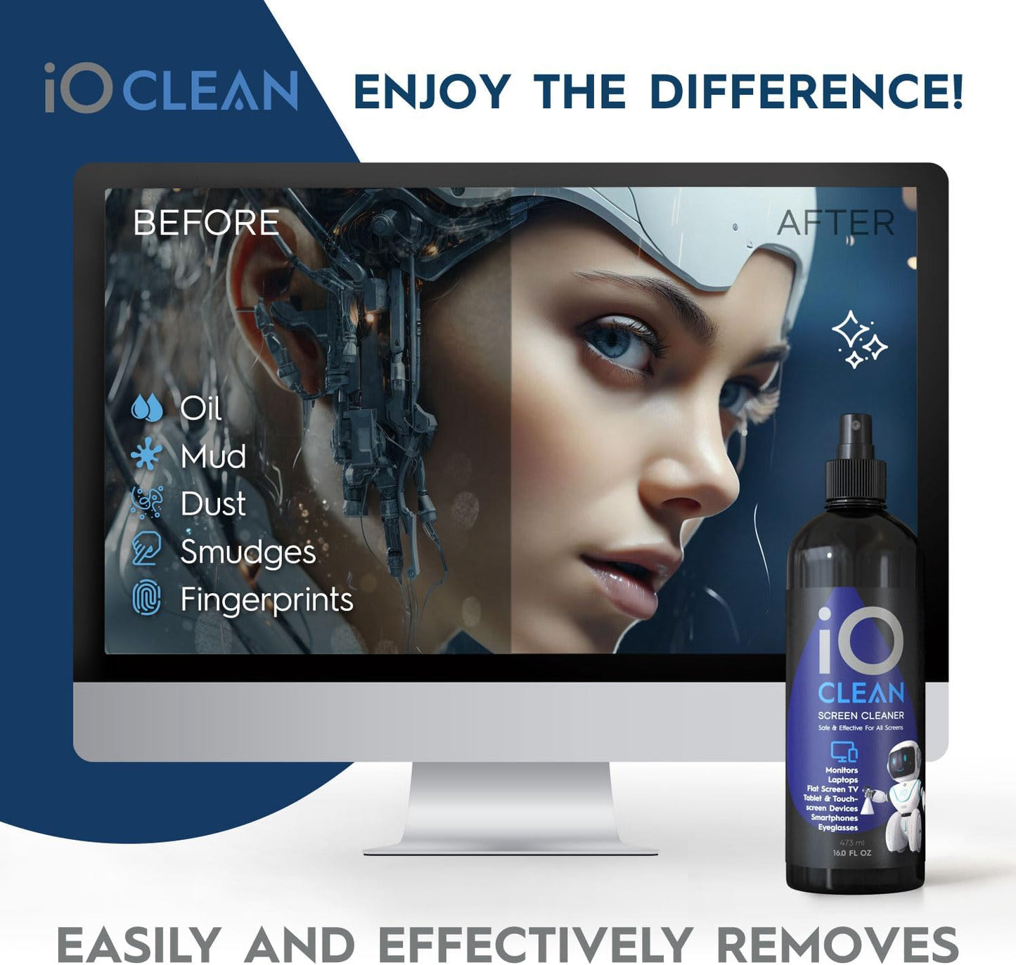 Screen Cleaner Spray (16oz - 473ml) – Best Large Cleaning Kit for LCD LED OLED TV, Smartphone, iPad, Laptop, Touchscreen, Computer Monitor, Electronic Devices, Microfiber Cloth Wipes and 2 Nozzles