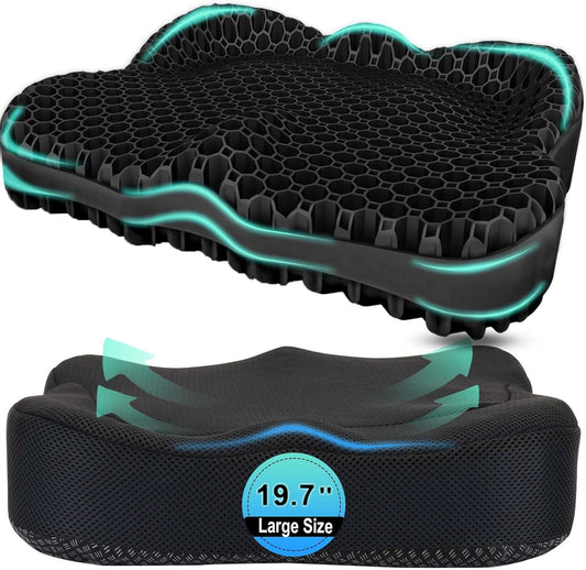Thicken 19.7in Seat Cushion, Gel Seat Cushion for Long Sitting–Office Chair, Wheelchair, Car Cushion, Large Cooling Pad for Back Pain, Sciatica, Tailbone Pain Relief