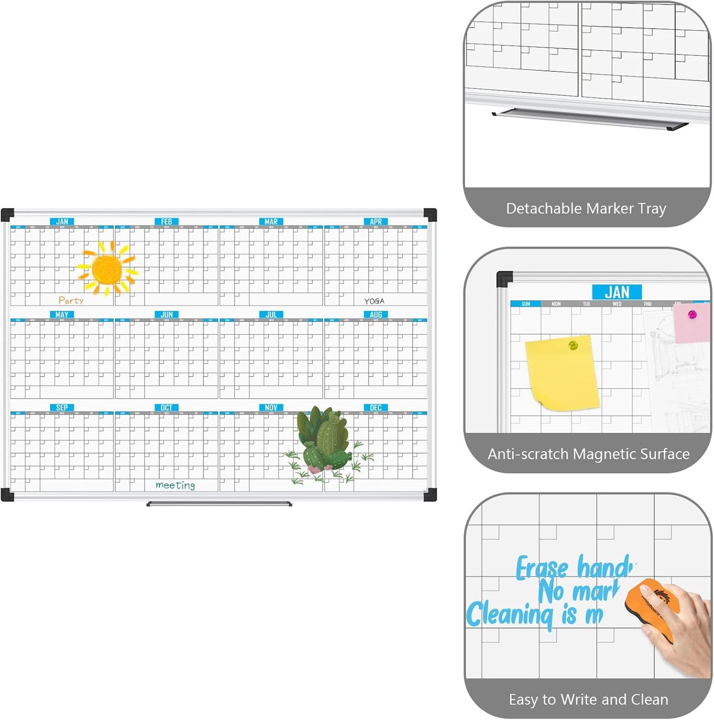 XBoard Magnetic Calendar Whiteboard 48" x 36", 12 Months Calendar Dry Erase Board, Silver Aluminium Framed White Board Planner for Home School Office Organization