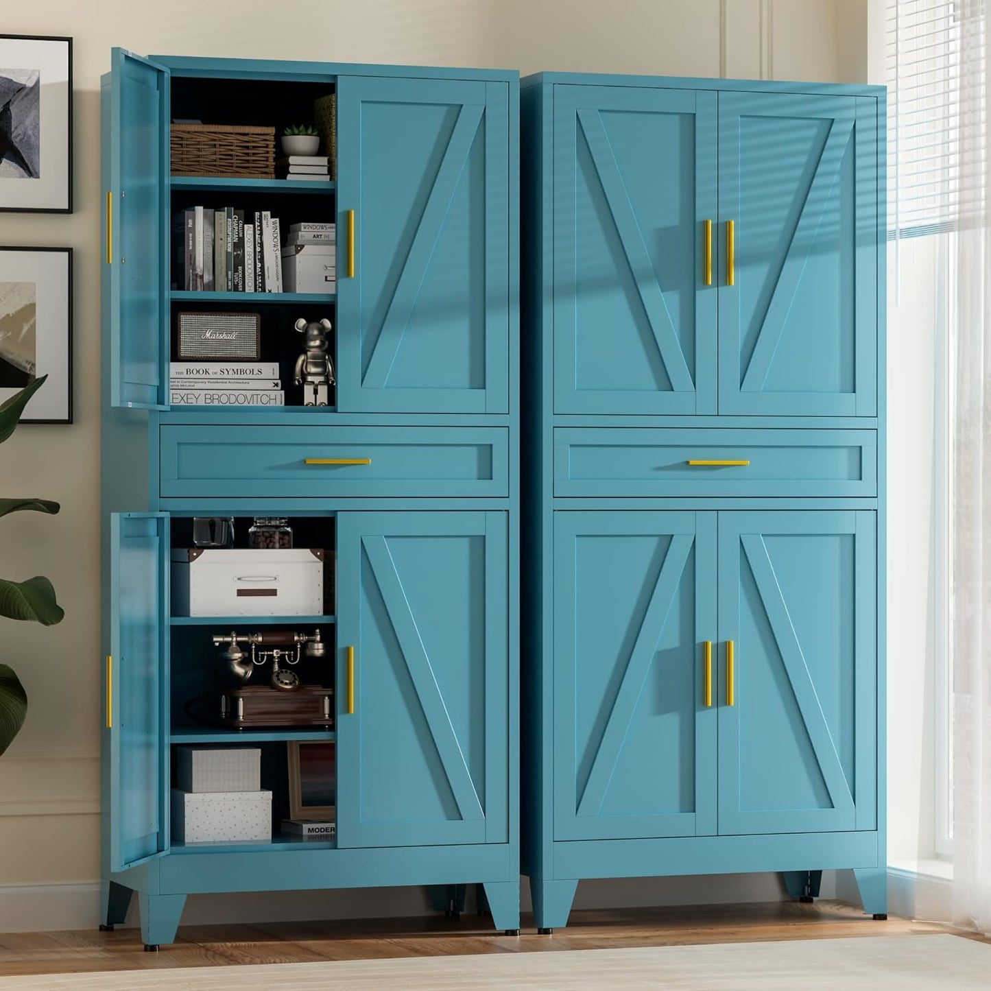 71" Tall Metal Storage Cabinet with Adjustable Shelves,Farmhouse Kitchen Pantry Cabinet with 2 Barn Doors and Drawer,Large Storage Cabinets for Dining Room,Bathroom,Living Room(Blue)