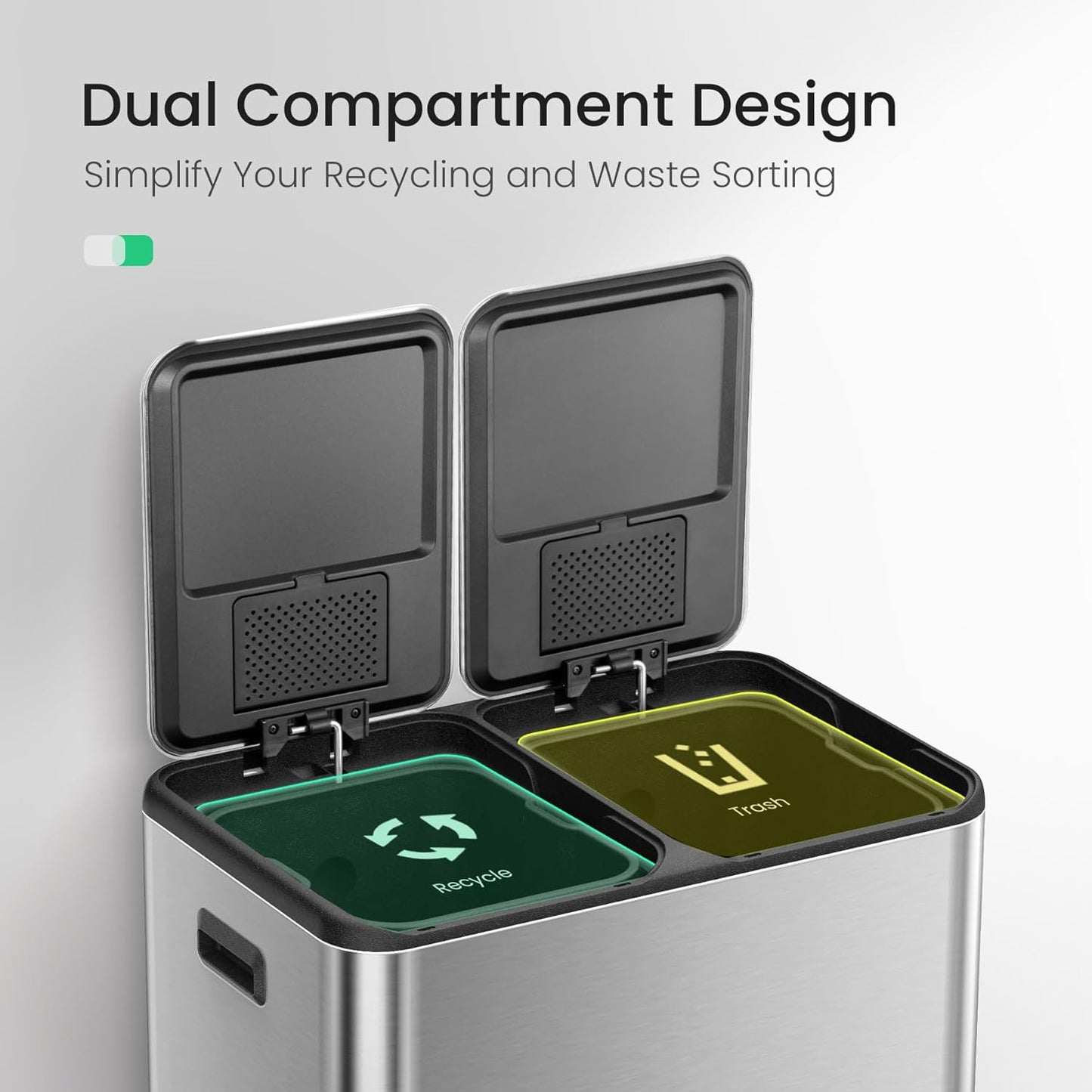 Cesun Kitchen Trash Can, 8 + 8 Gallon Dual Trash and Recycle Bin Combo, 2 Compartment Stainless Steel Kitchen Garbage Can with Lid, Removable Inner Buckets, Soft Close, Odor Filter, 30L+30L