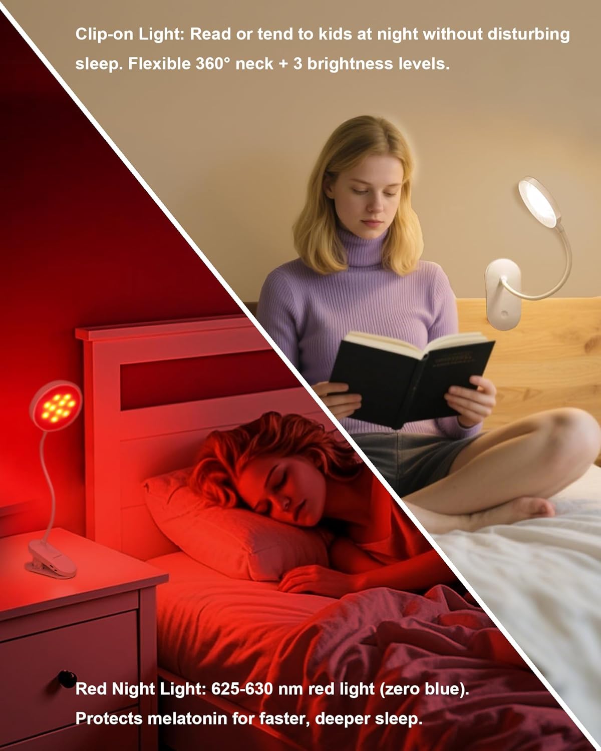 SZOKLED Red Light Reading Lights for Books in Bed, Clip on Lamp with Timer & Dimmable, Rechargeable Eye Care Night Light for Bedroom, Desk, Laptop, Headboard