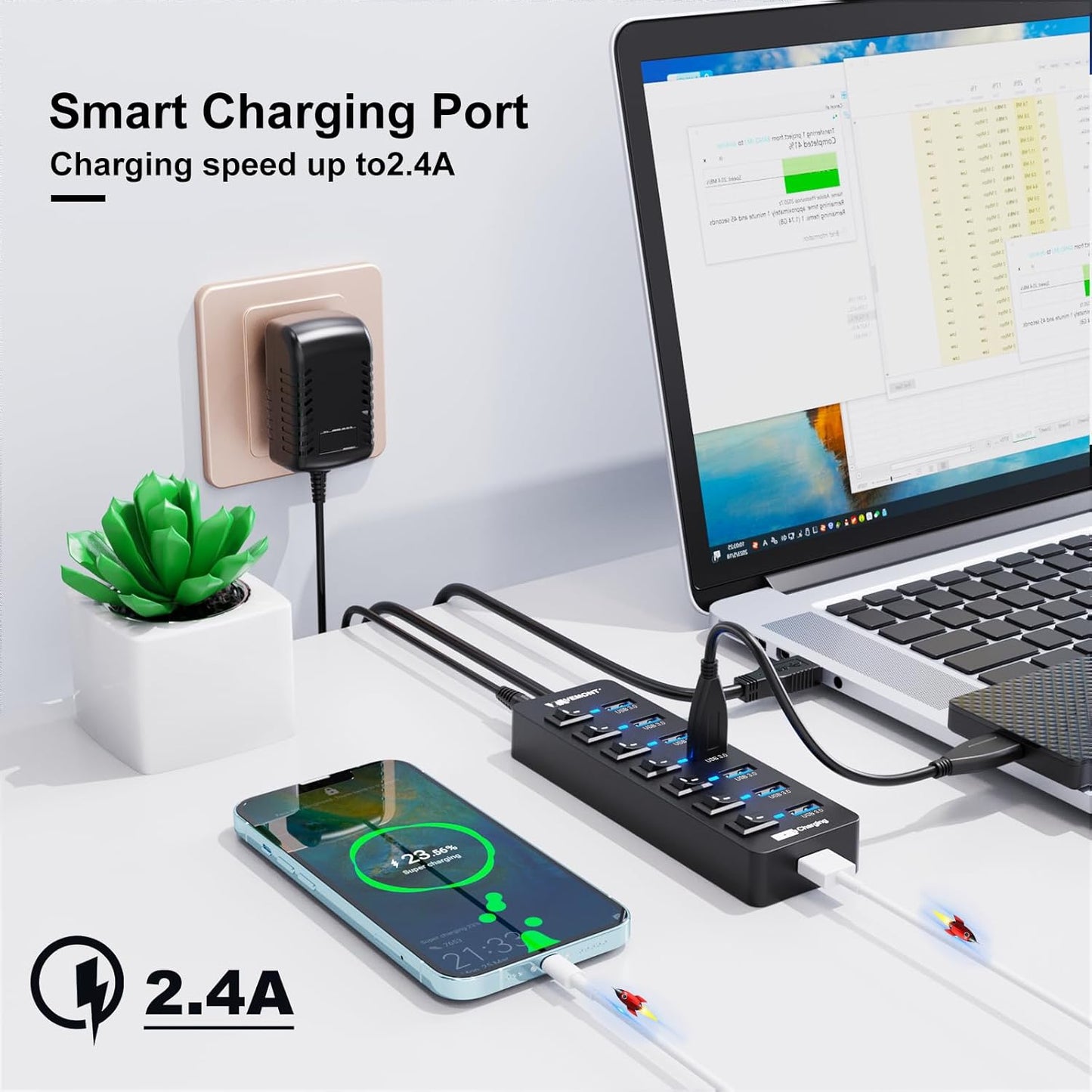 Powered USB Hub 3.0,VEMONT 7 Ports Multi USB hubs and 1 USB Smart Charging Port with 5V/3A Power Supply,USB Extension Splitter with Individual On/Off Switches and 4ft/1.2m Long Cable for PC/Laptop