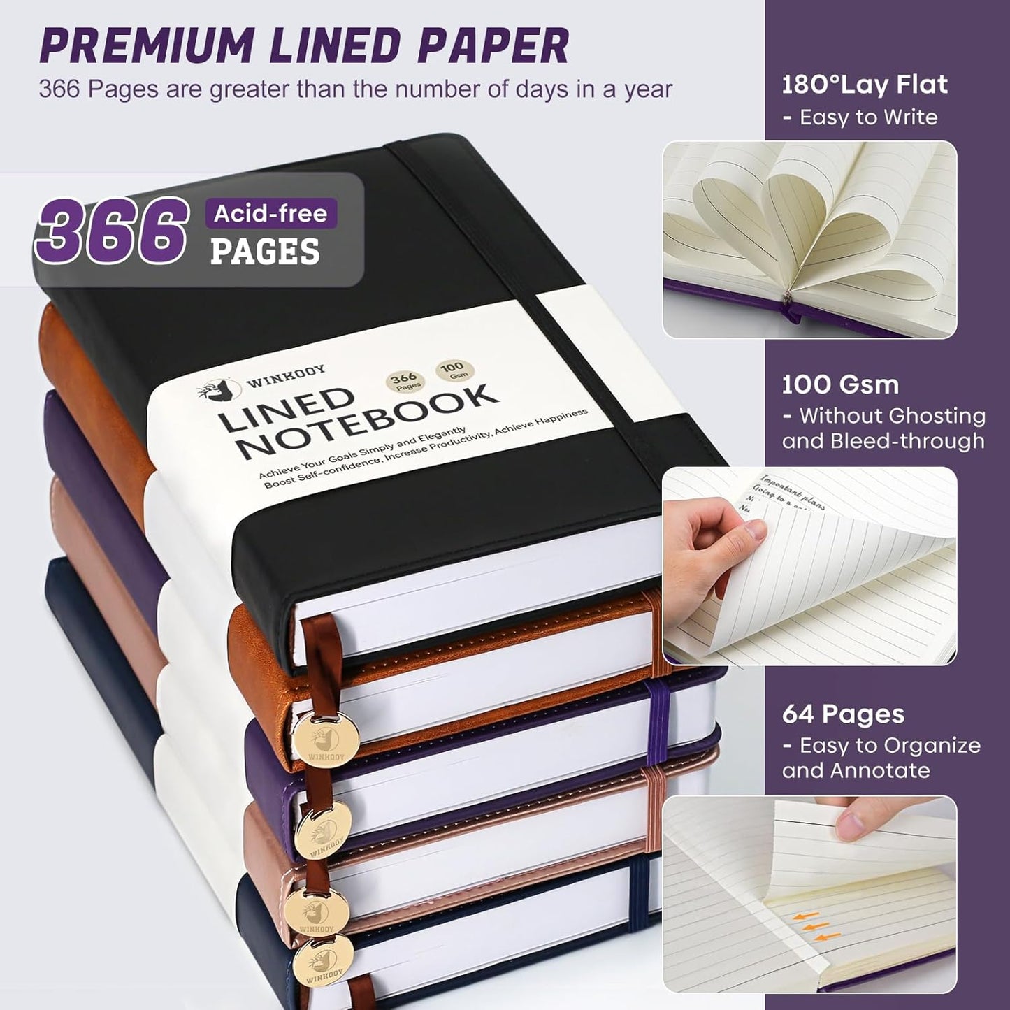 Lined Journal Notebook, 366 Pages, 100Gsm Leather Hardcover Journals for Writing Thick A5 College Ruled Classic Notebook with Pen Loop, Daily Journal for Women Men Travel Business Work Officee