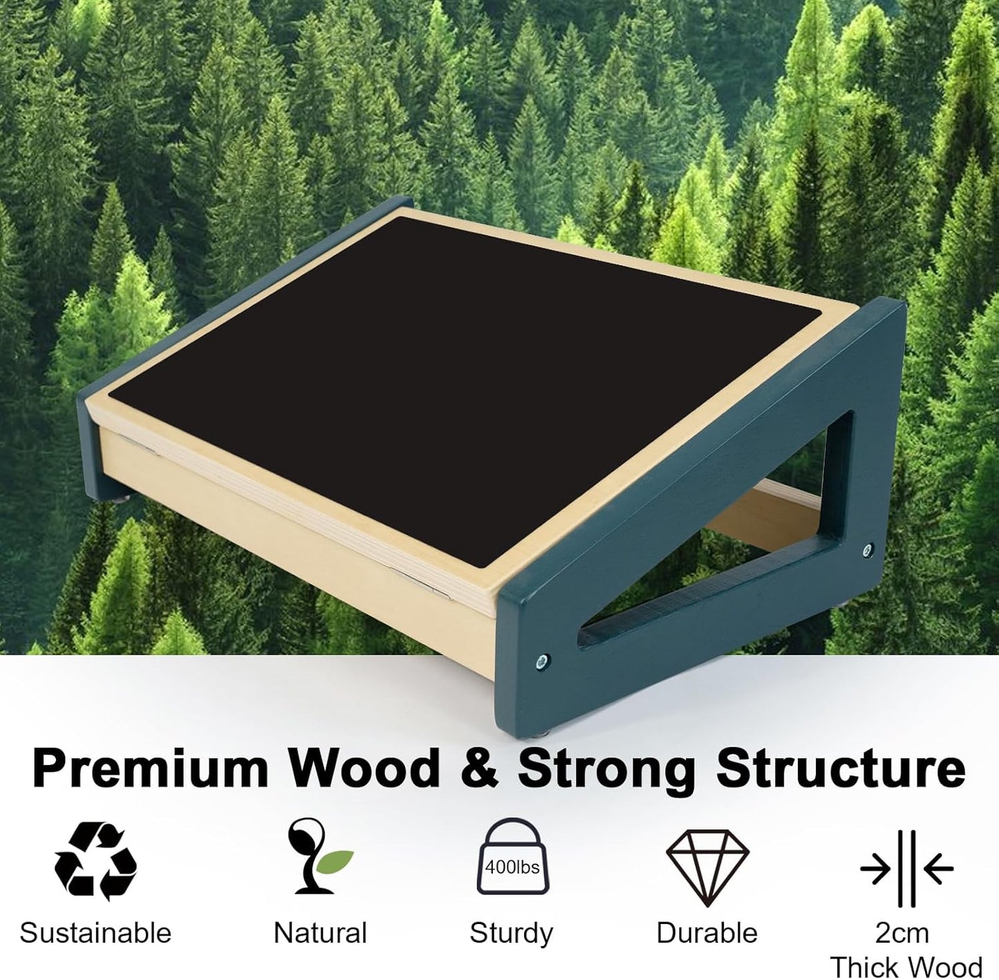 WOOD CITY Foot Rest for Under Desk at Work, 3 Heights Adjustable Footrest with Silicone Surface, 2in1 Foot Stool Improve Posture, Reduce Fatigue & Pain, Ideal for Home/Office/Gaming(Natural-Deep Blue)