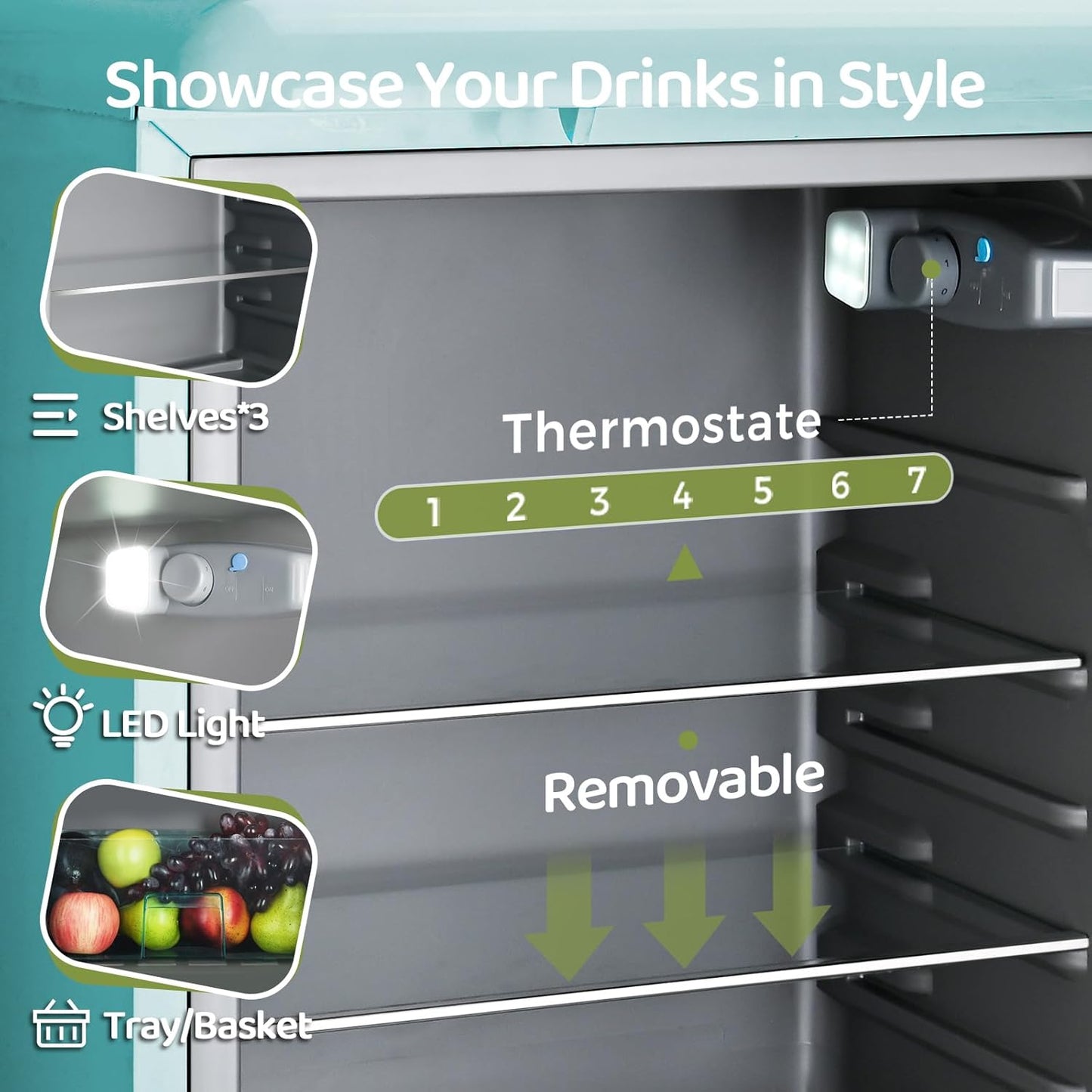 4.9 Cu.Ft Beverage Refrigerator Cooler with Double Tempered Glass Door, 120 Can Wine Drink Beer Retro Small Mini Fridge for Office Bedroom Bar with 7 Temperatures, Adjustable Shelves, Blue