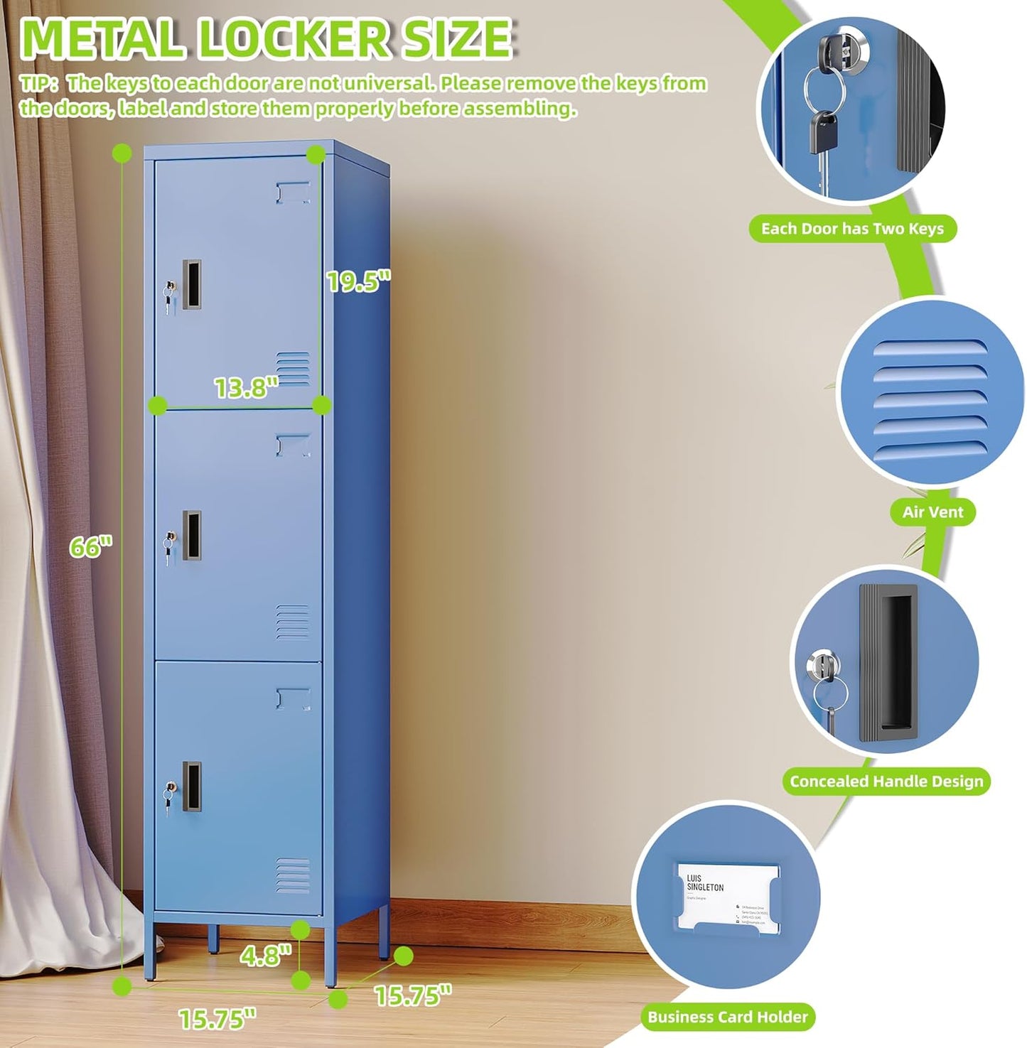 Aobabo 16" W 3 Door Metal Storage Locker with Lock, 66" H Steel Locker with Name Card Holder and Metal Leg for School, Home, Office, Playroom, Assembly Required, Blue