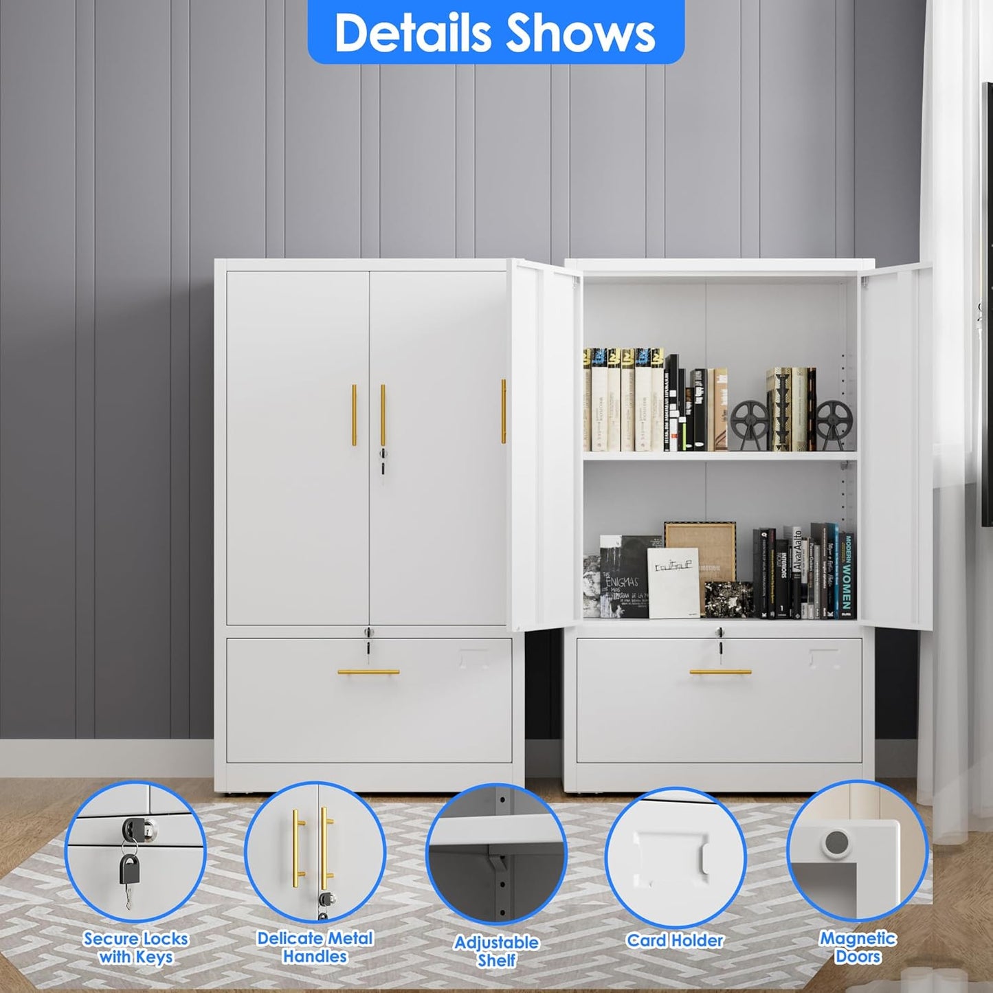 1 Drawer Lateral File Cabinet with Lock, Metal Filing Storage Cabinet with Locking Doors and Adjustable Shelf for Home, Office, School, Fits A4/Letter/Legal Size Folders, White