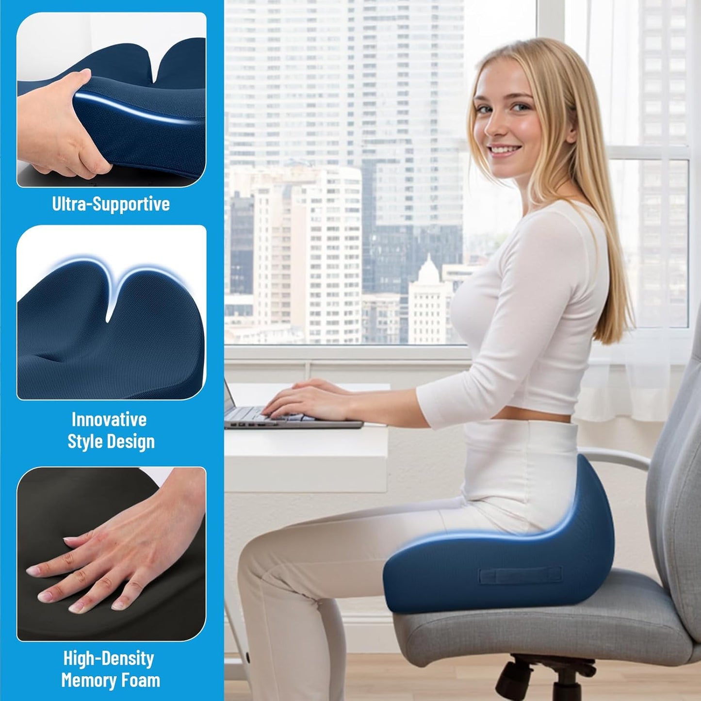 Seat Cushion, Memory Foam Office Chair Cushions, Ergonomic Curved Design for Sciatica, Tailbone, Coccyx, Seat Support for Car, Desk Chair, Wheelchair, Enhances Long Sitting Comfort (Blue)