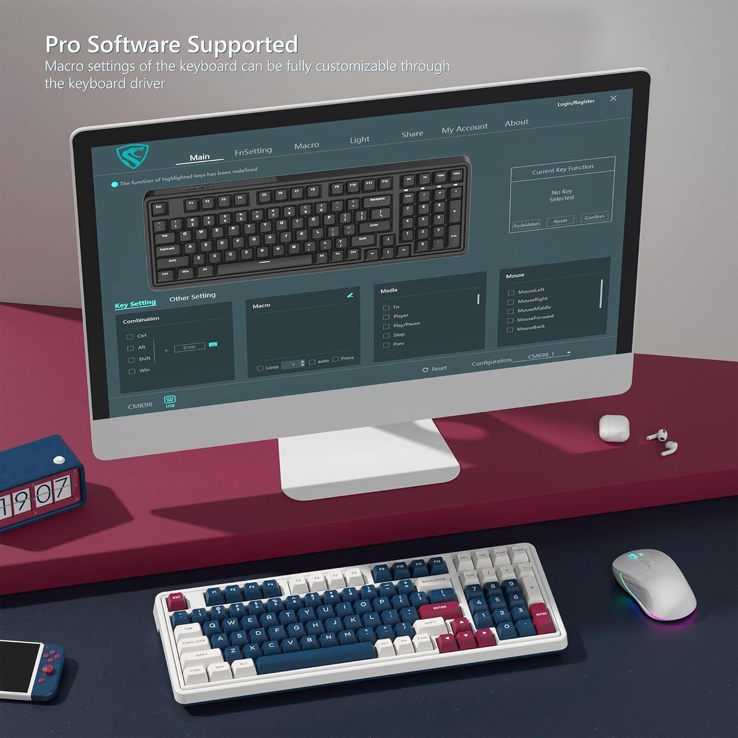 CMK98 Wireless Mechanical Keyboard with Number Pad,Tri-Mode Hot Swappable 99 Key Custom Gaming Keyboard, Linear Switches Gasket Creamy Keyboard RGB for Win/MAC (Blue Red)