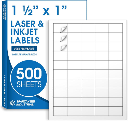 1 1/2" X 1" Matte White Printable Labels Compatible with Inkjet and Laser Printers - 500 Sheets, 25000 Total Paper Stickers for Return Addresses, UPC and EAN Barcodes - Spartan Industrial