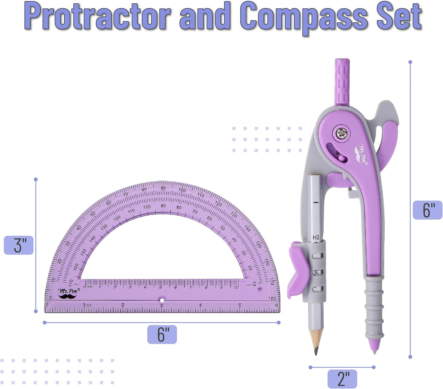 Mr. Pen- Compass and Protractor Set, Purple, Compass Geometry Tool, Protractor and Compass Set, Compass Drawing Tool, Drawing Compass, Protractor Set, Geometry Compass, Back to School Supplies