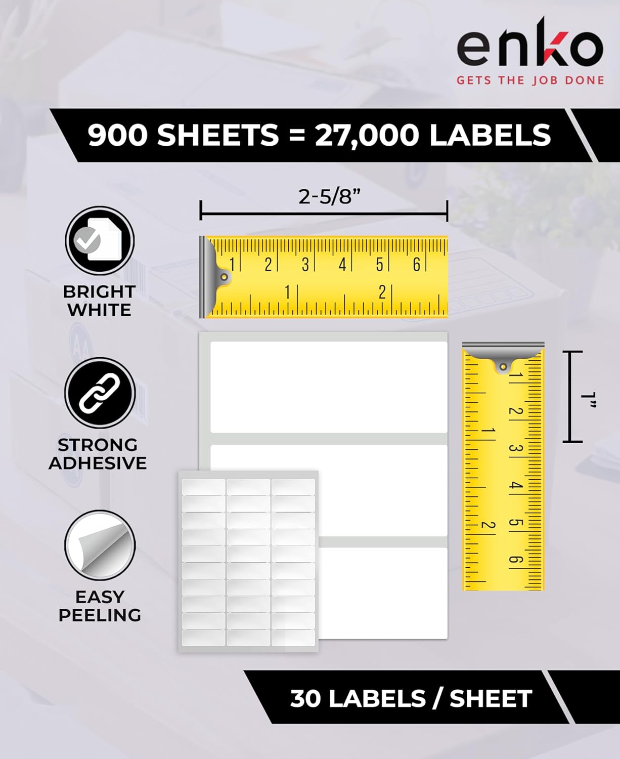 enKo 1 x 2-5/8 Inch 30 Up Return Mailing Address Labels White Printable FBA Labels (900 Sheets, 27,000 Labels)