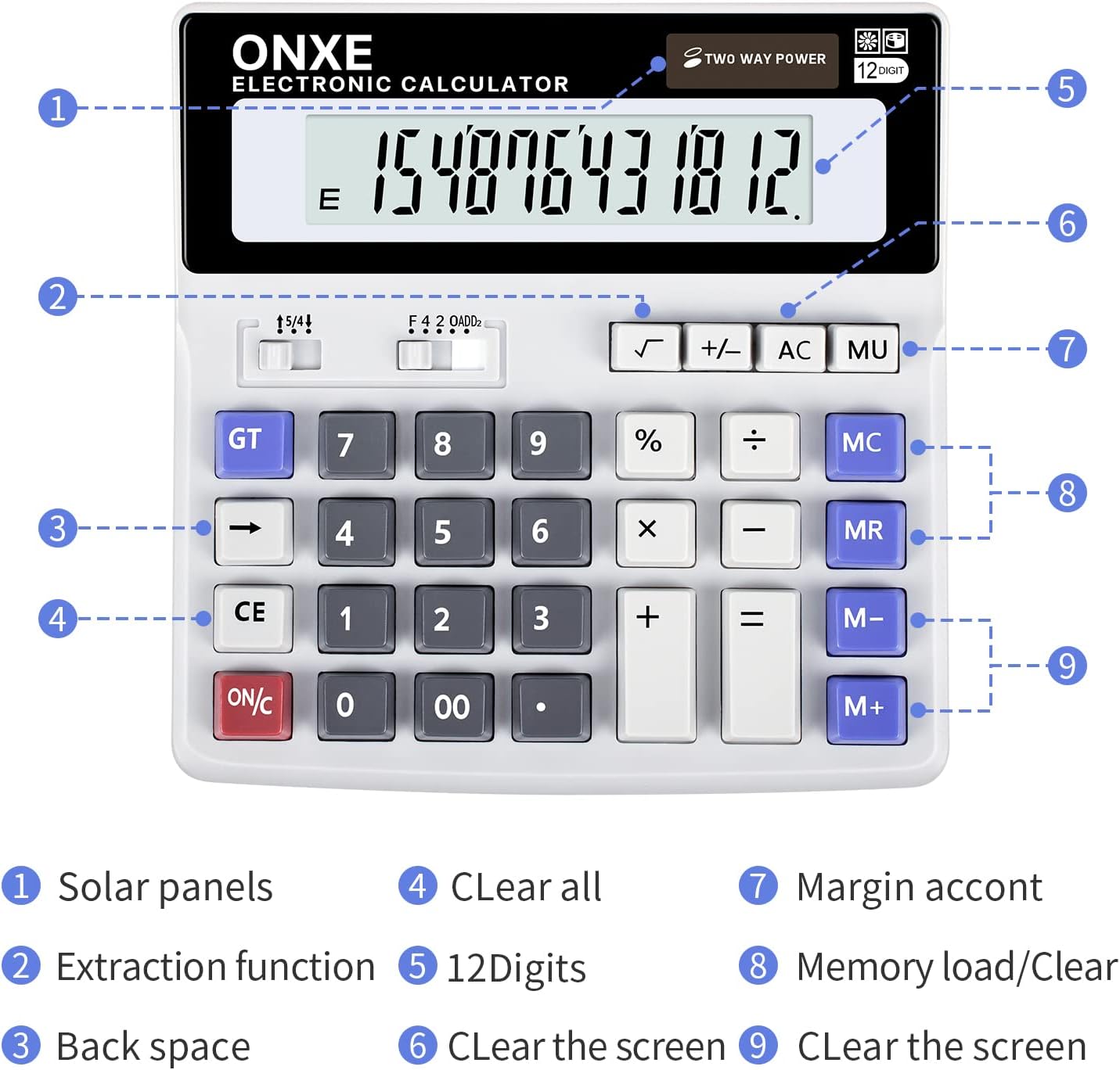 Calculators Desktop,ONXE 12 Digit Large Number LCD Display Office Desk Calculator, Two Way Power Battery and Solar,Big Button Standard Basic 4 Function Basics Calculators for Office Financial
