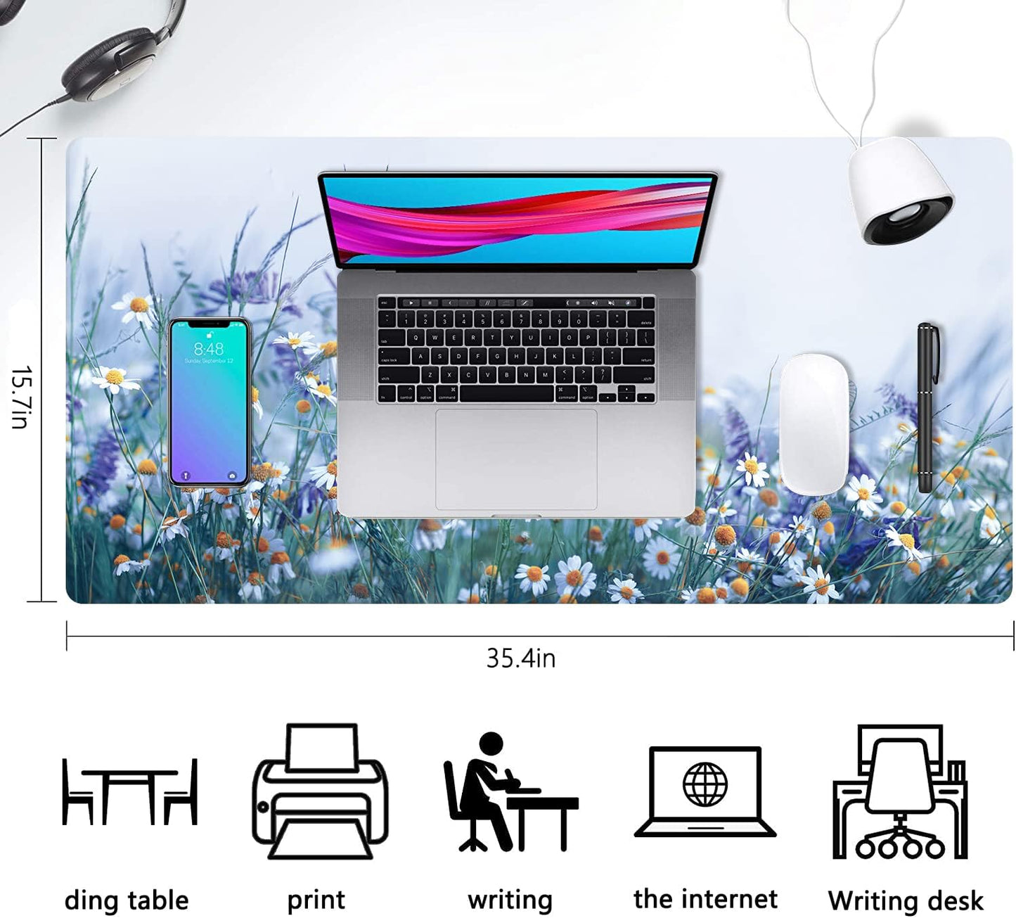 Extended Large Gaming Mouse Pad Wildflowers Chamomile and Butterflies XXL Size Keyboard Mouse Mat Desk Pad with Non Slip Rubber Base Stitched Edges Office Decor for Women Girls Men,35.4 x 15.7inch