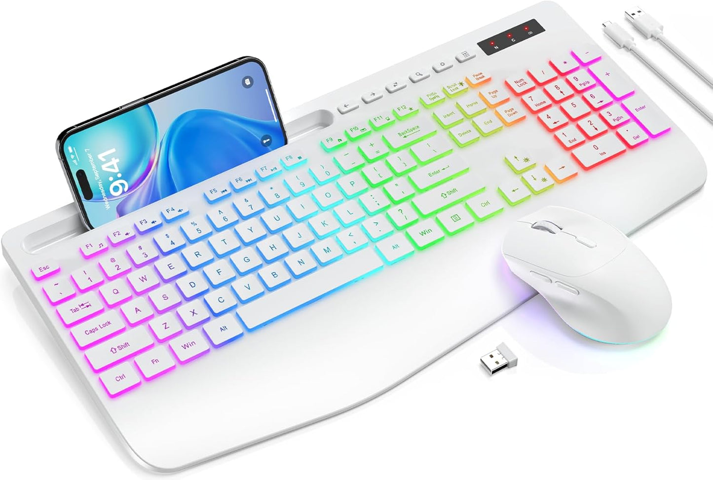 Wireless Keyboard and Mouse Backlits, Wrist Rest, LED Mouse, Rechargeable Ergonomic Keyboard with Phone Holder, Silent Light Up Combo for Computer, Mac, PC, Laptop, Chromebook (White)